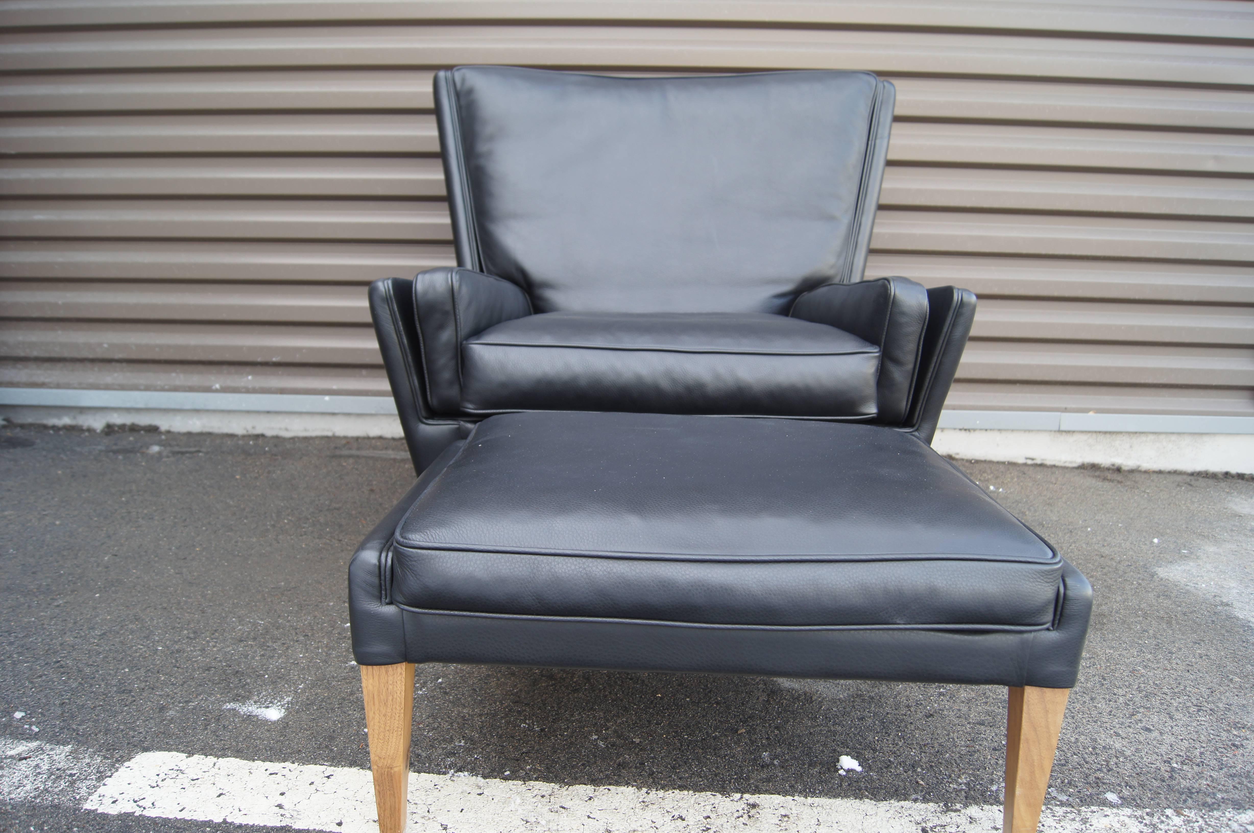Danish Black Leather Lounge Chair and Ottoman, Model V11, by Illum Wikkelsø