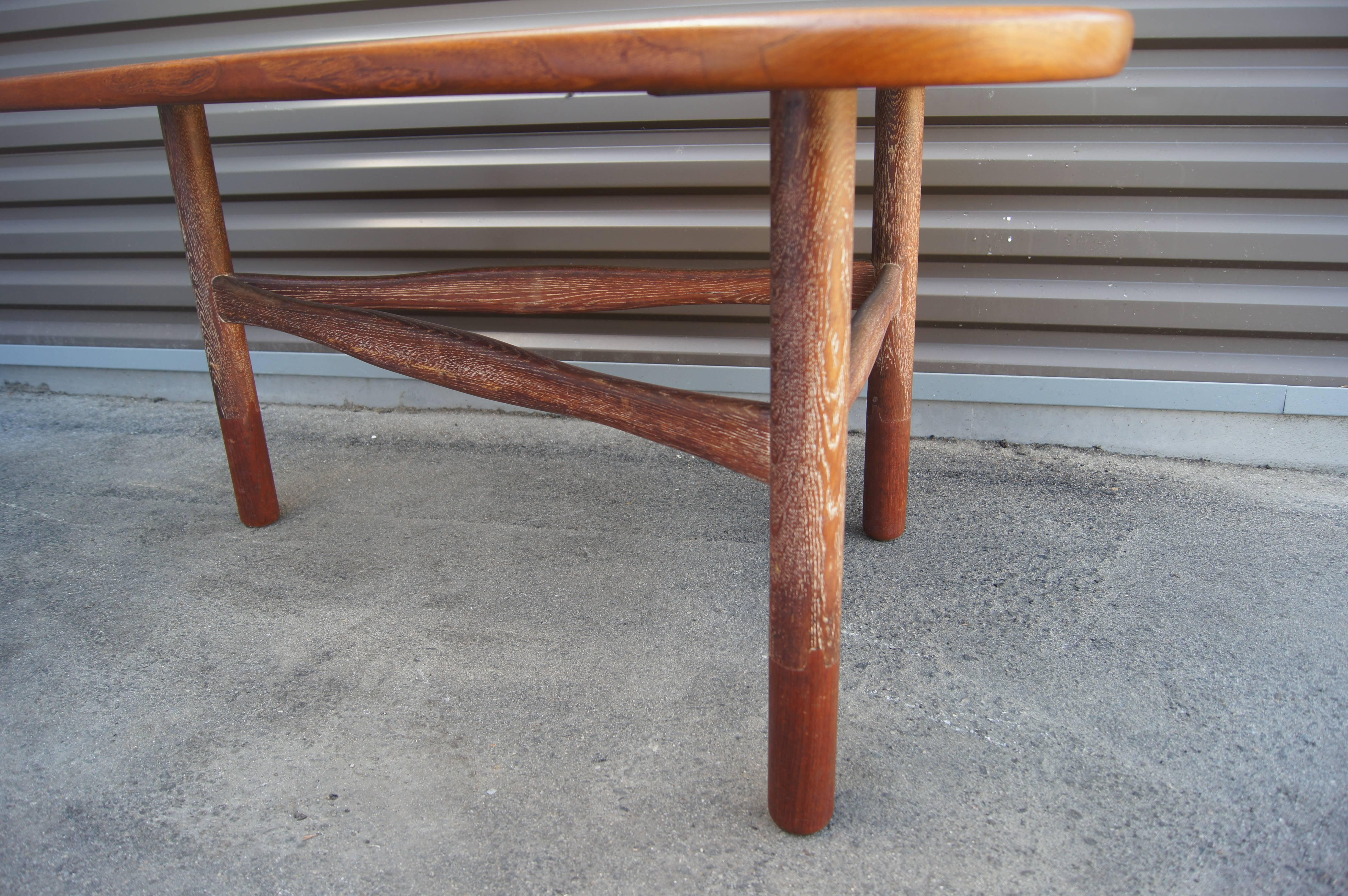 Teak and Limed Oak Three-Legged Table by Yngve Ekström for Westbergs Möbler In Good Condition For Sale In Dorchester, MA