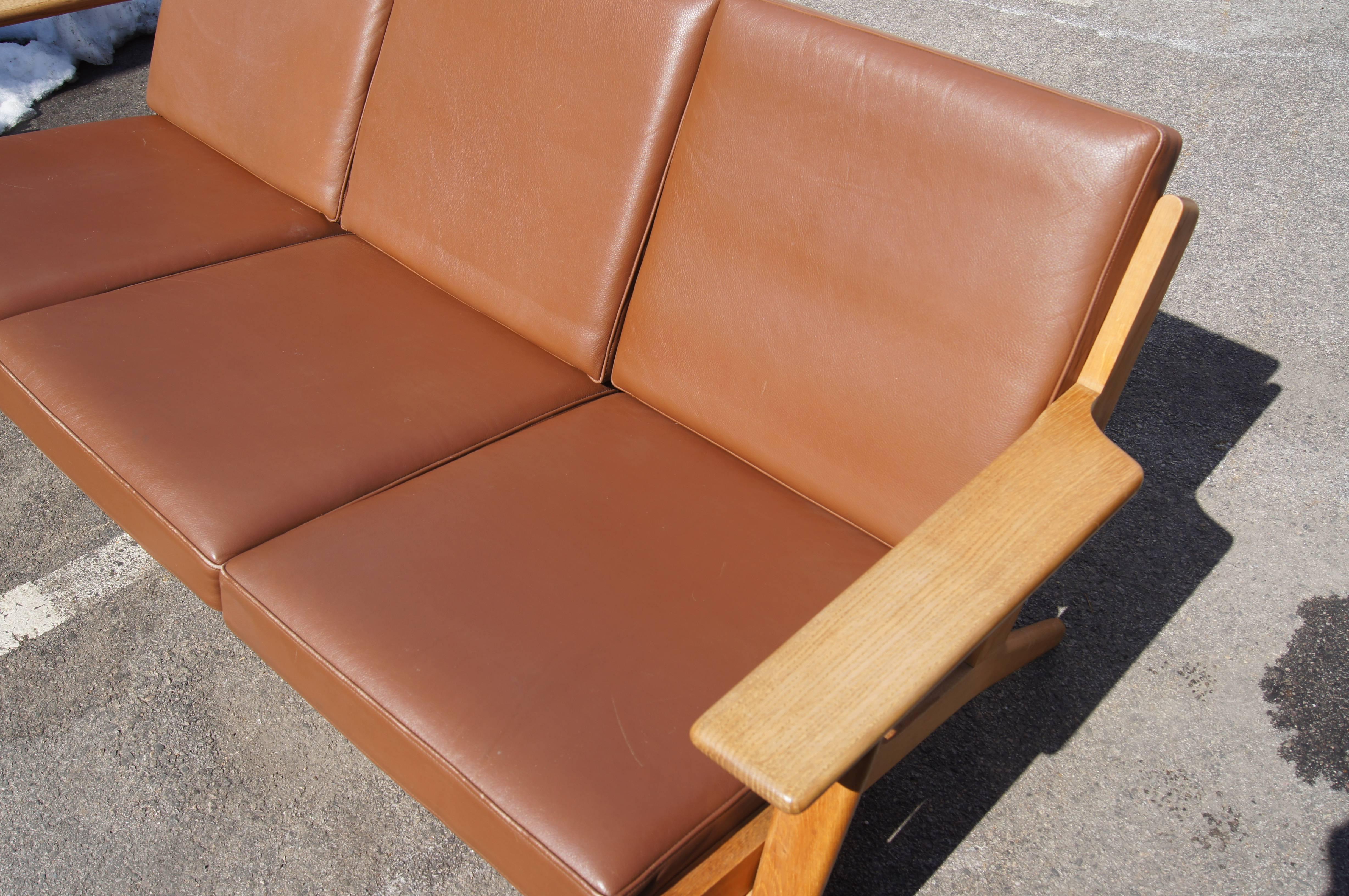 Danish Brown Leather and Oak Three-Seat Sofa, Model GE 290 by Hans Wegner for GETAMA