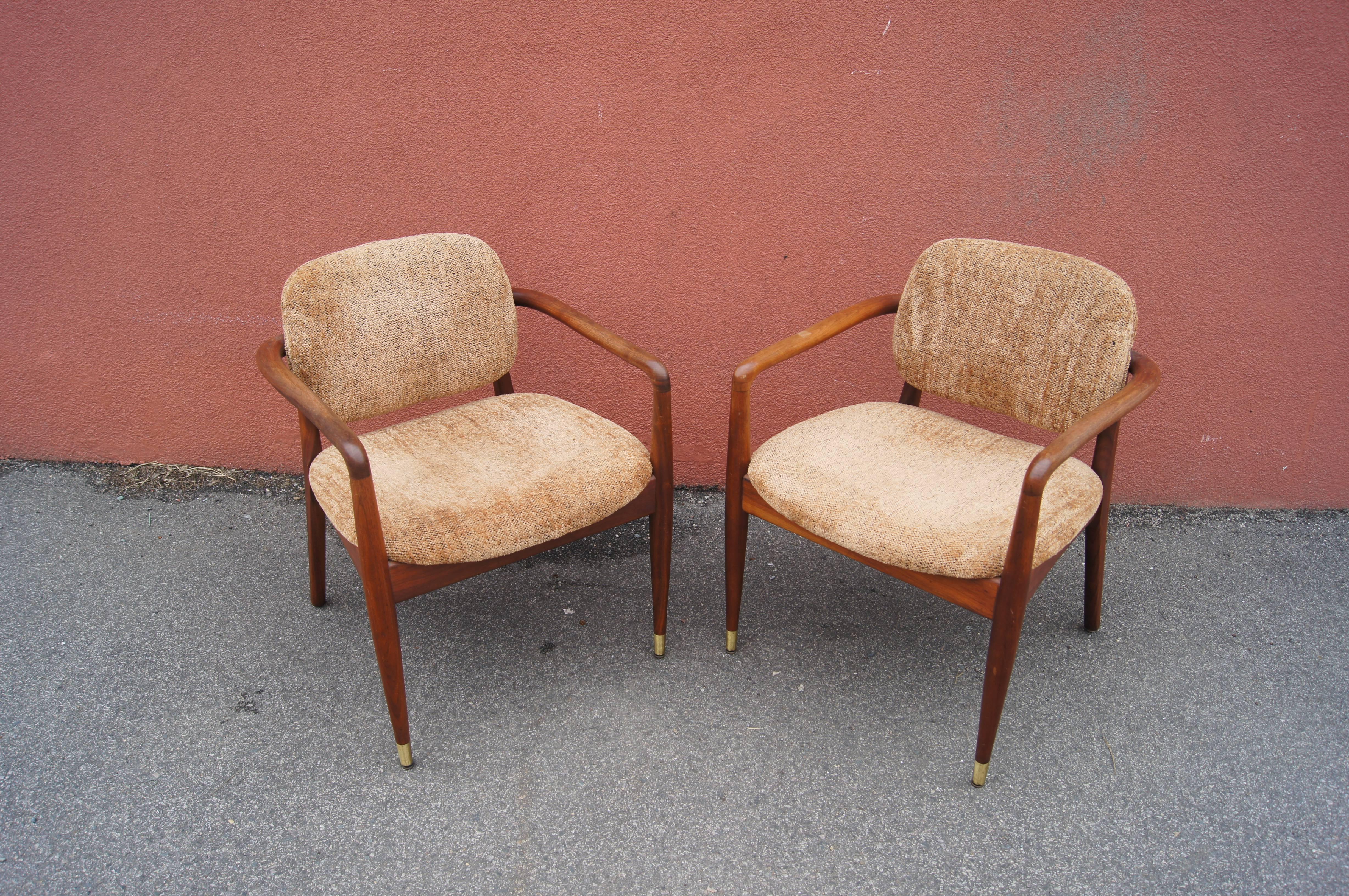 Brass American Mid-Century Walnut Armchairs For Sale