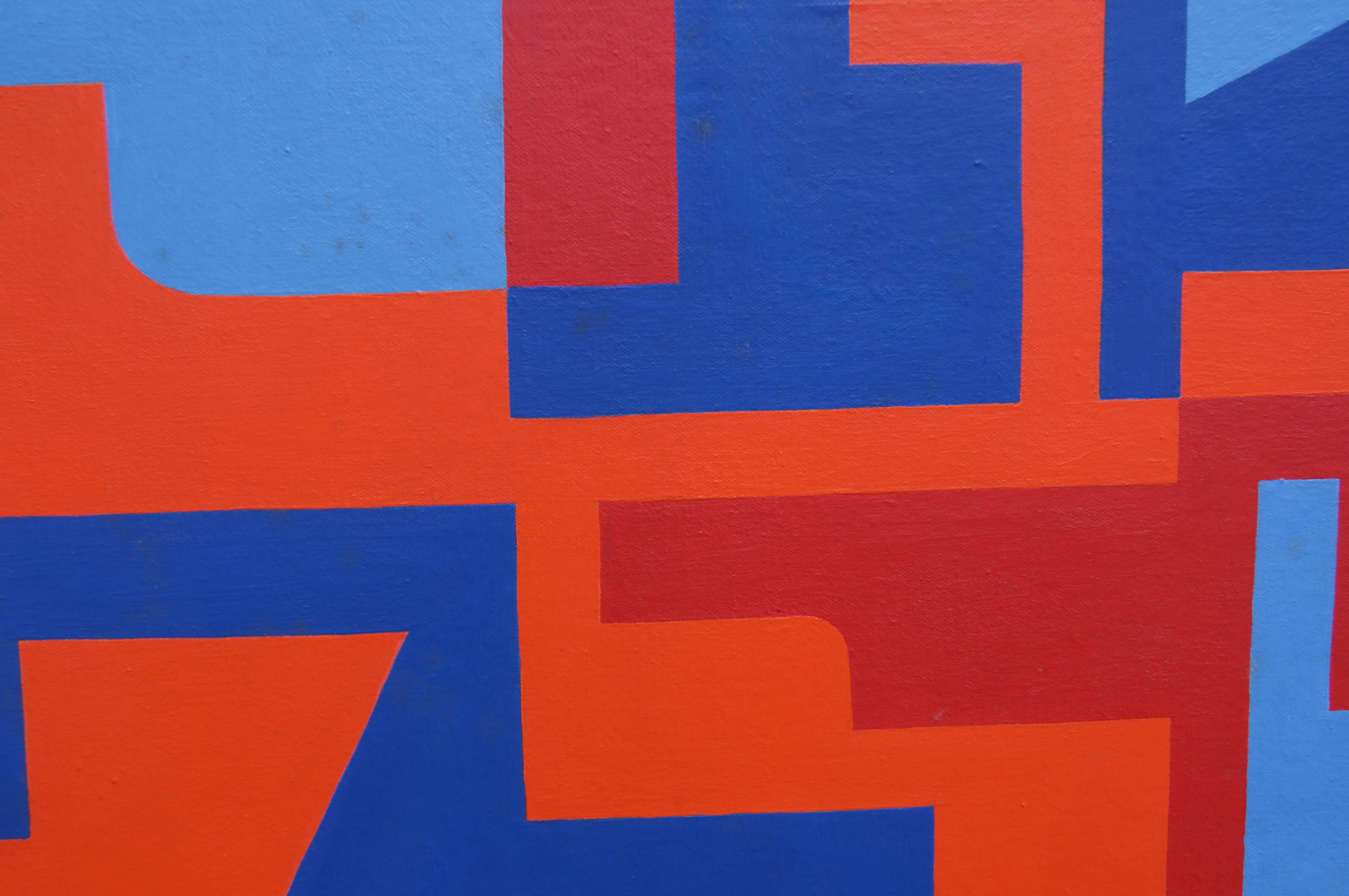 This 1969 abstract painting, juxtaposing reds, oranges and blues, is the work of Norman Ives (1923-1978). An artist and graphic designer based in New Haven, he was also a publisher of fine portfolios of many of the century's top modernist artists.