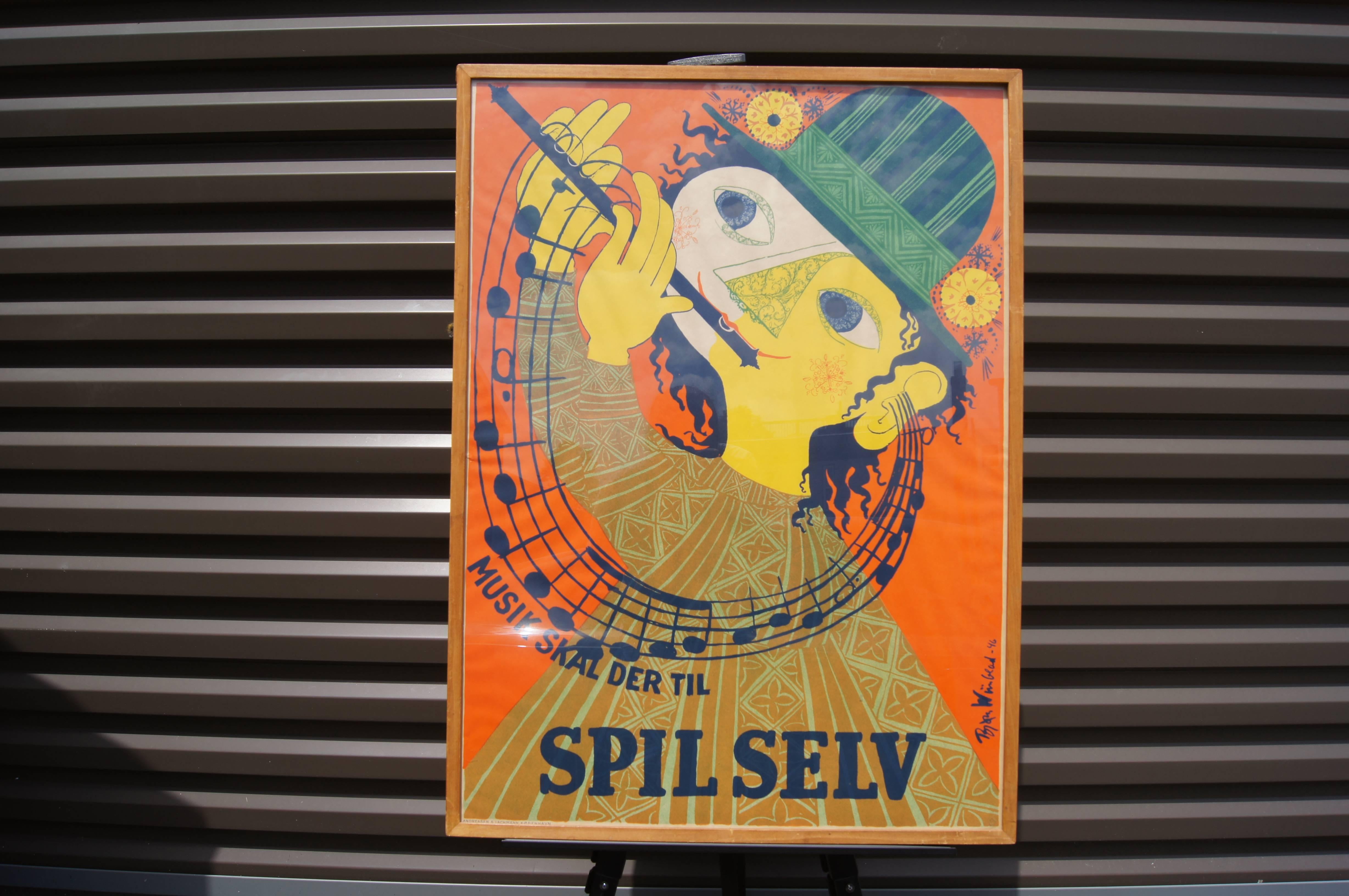 This vivid silkscreen poster, designed by Bjørn Wiinblad in 1946, celebrates the Danish Spil Selv Music Festival. The poster was produced by the well-known Danish printers Permild & Rosengreen.