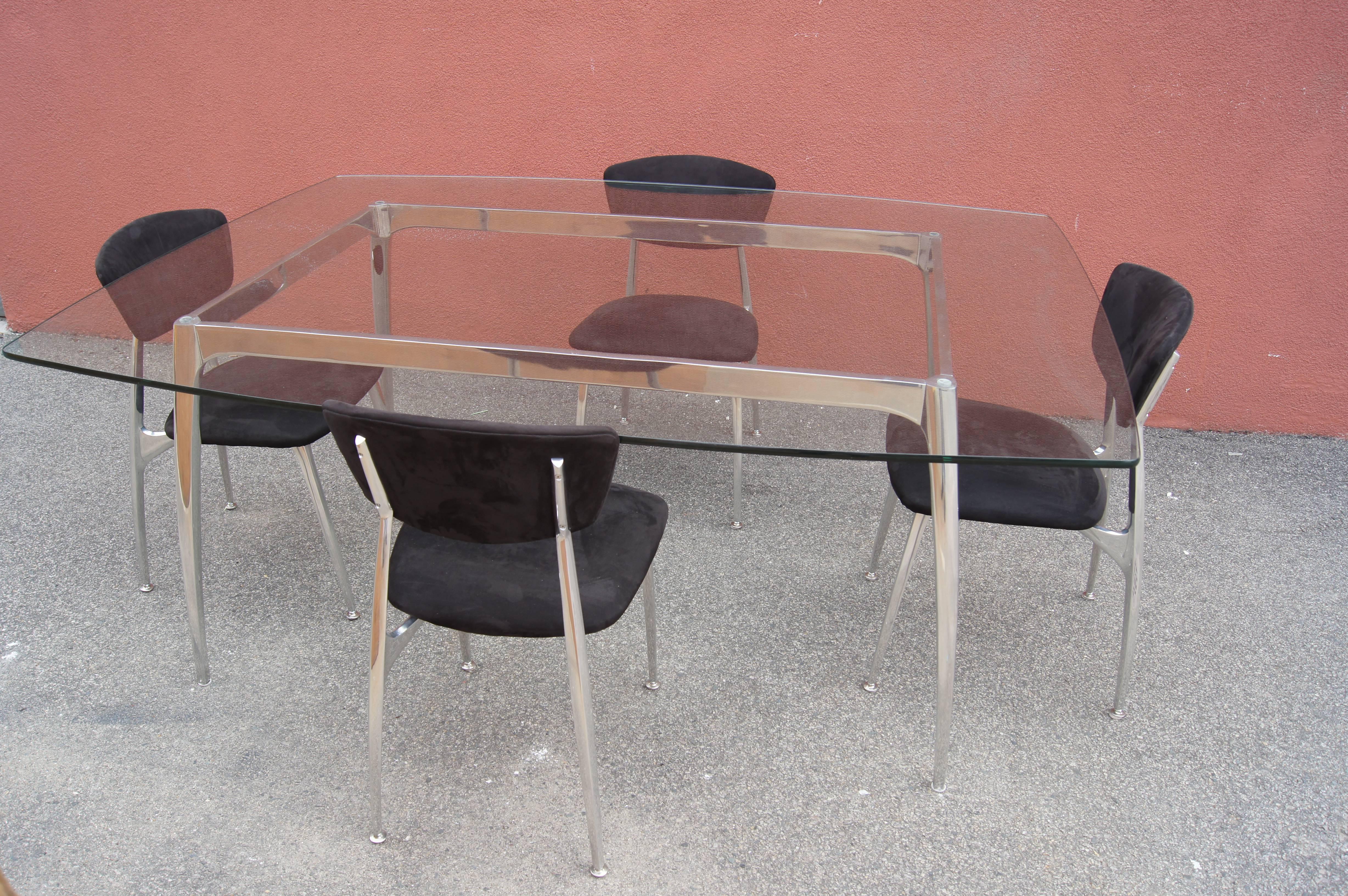 American Polished Aluminum and Glass Dining Table with Matching Chairs by Nambé