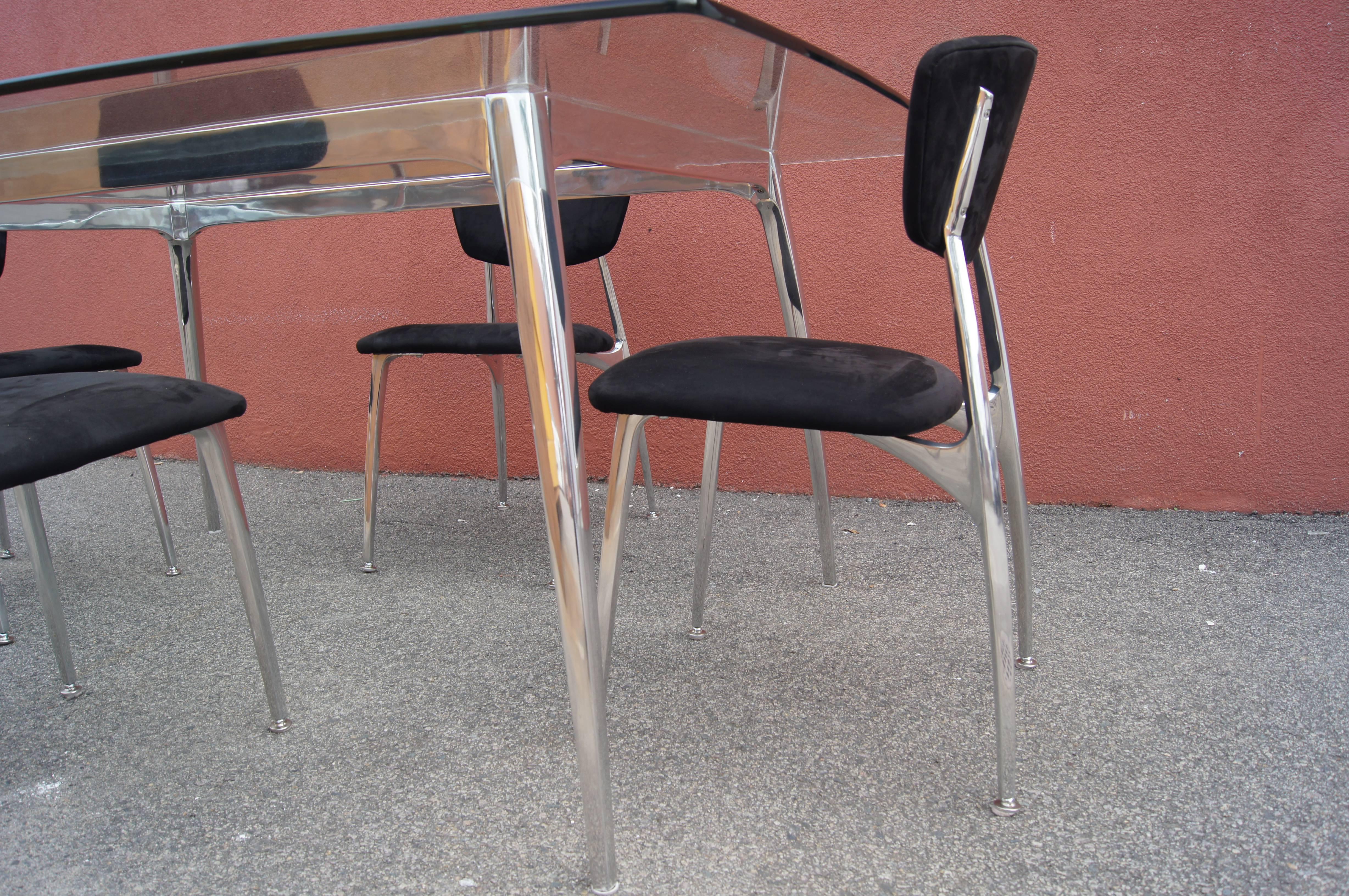 Polished Aluminum and Glass Dining Table with Matching Chairs by Nambé In Good Condition In Dorchester, MA