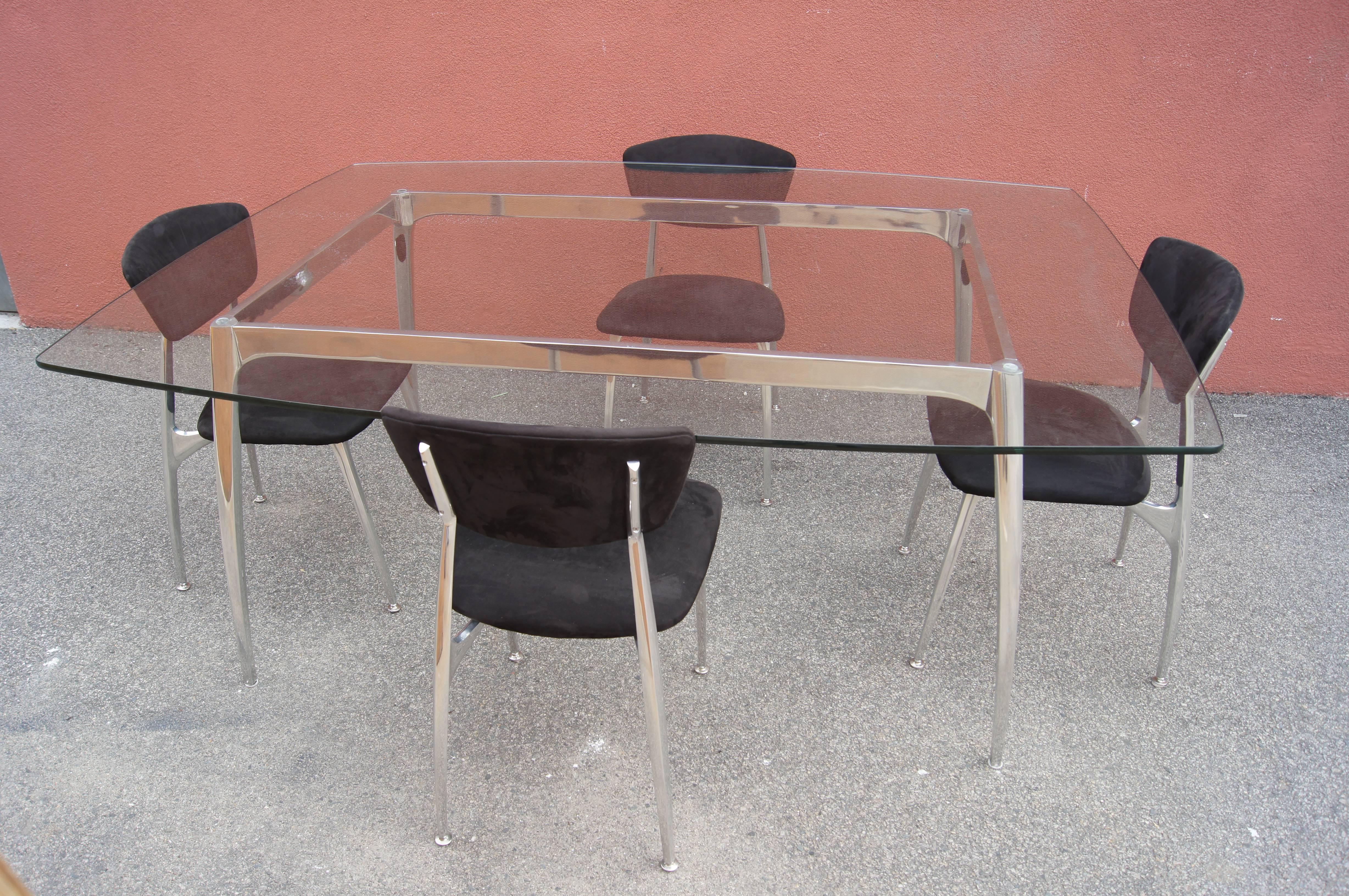 Late 20th Century Polished Aluminum and Glass Dining Table with Matching Chairs by Nambé