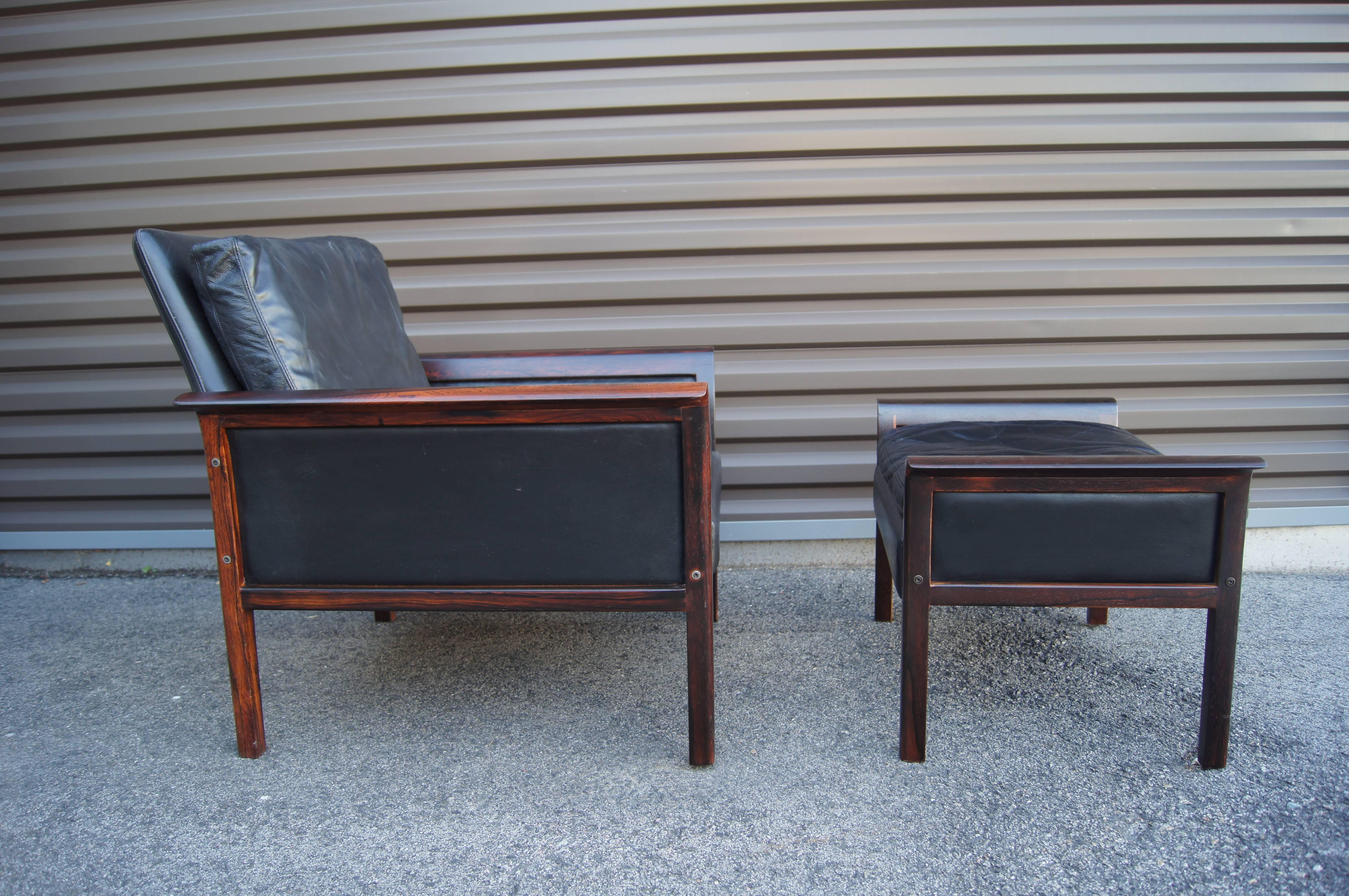 Scandinavian Modern Rosewood and Leather Lounge Chair and Ottoman by Knut Sæter for Vatne Møbler