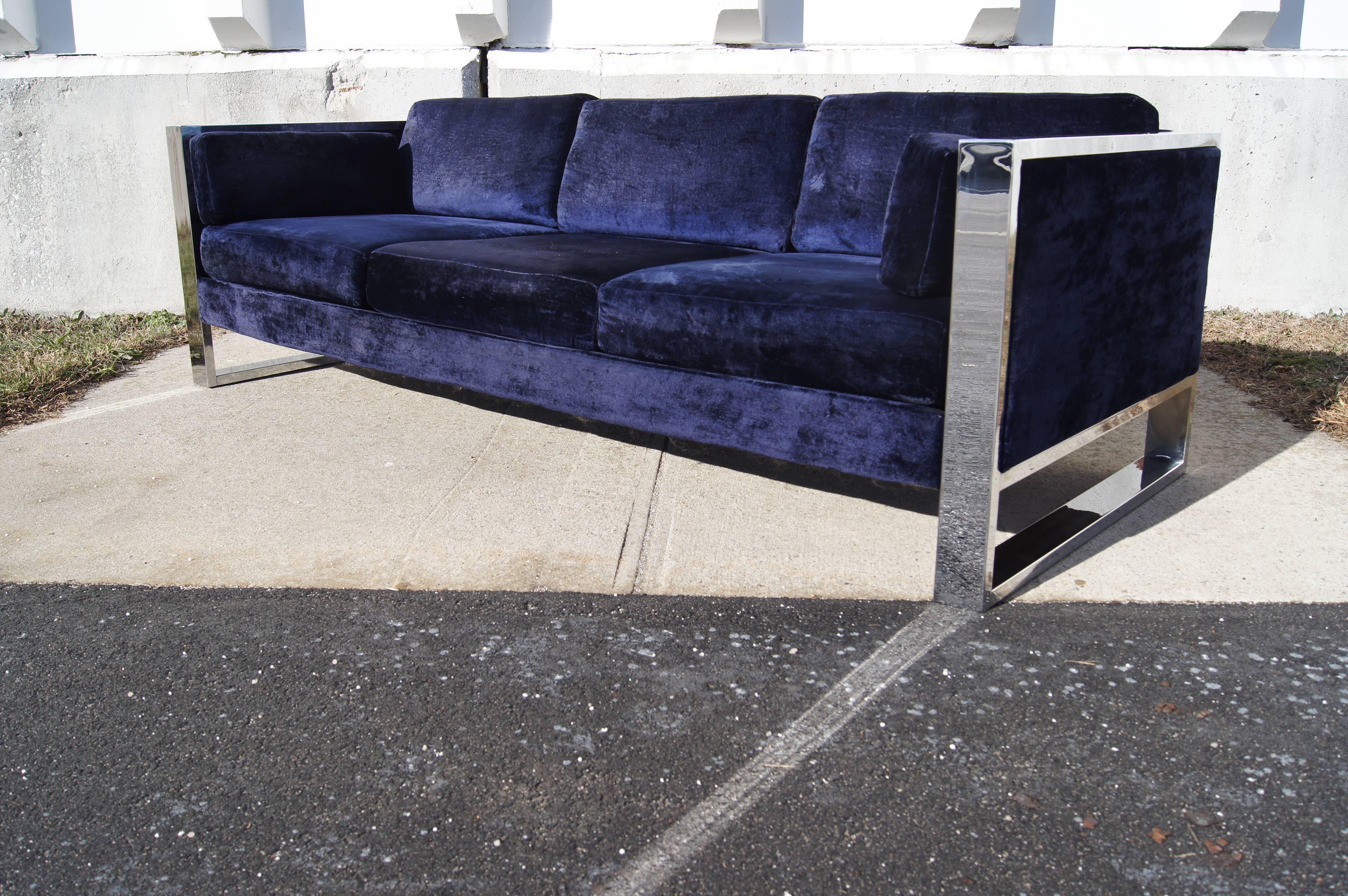 Polished Chrome & Blue Velvet Flat Bar Sofa by Milo Baugham 