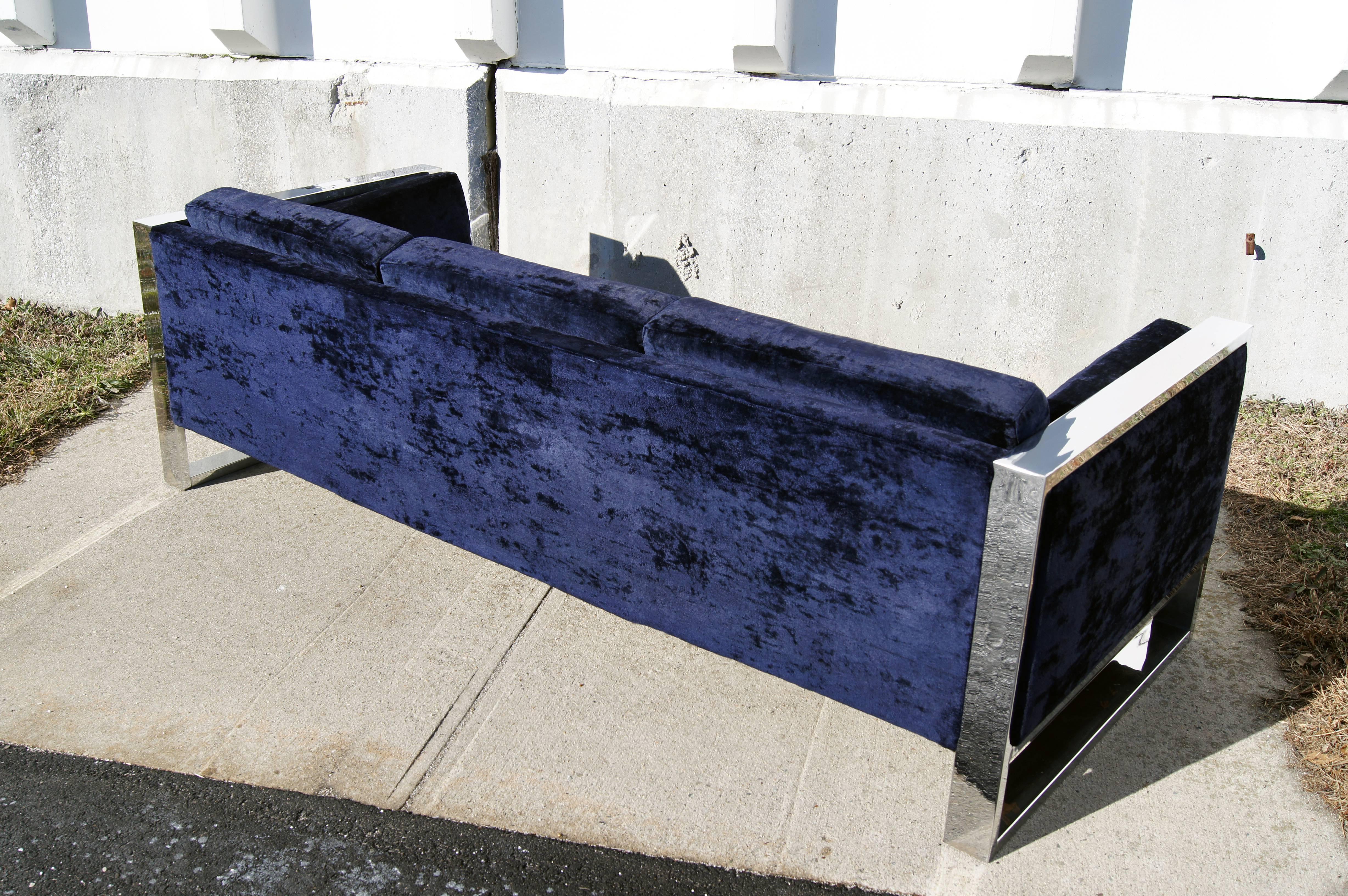 Chrome & Blue Velvet Flat Bar Sofa by Milo Baugham  In Excellent Condition In Dorchester, MA