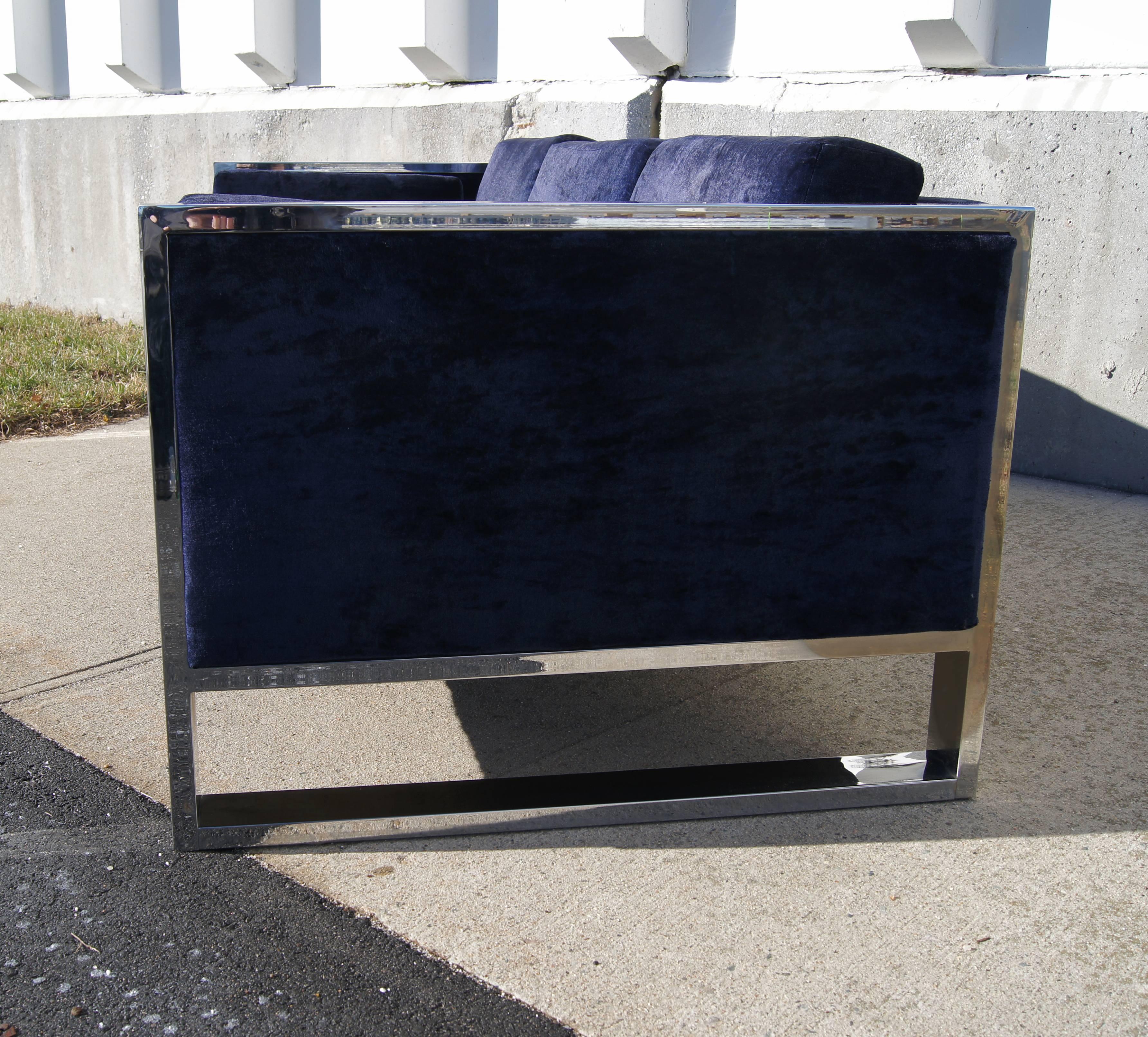 American Chrome & Blue Velvet Flat Bar Sofa by Milo Baugham 
