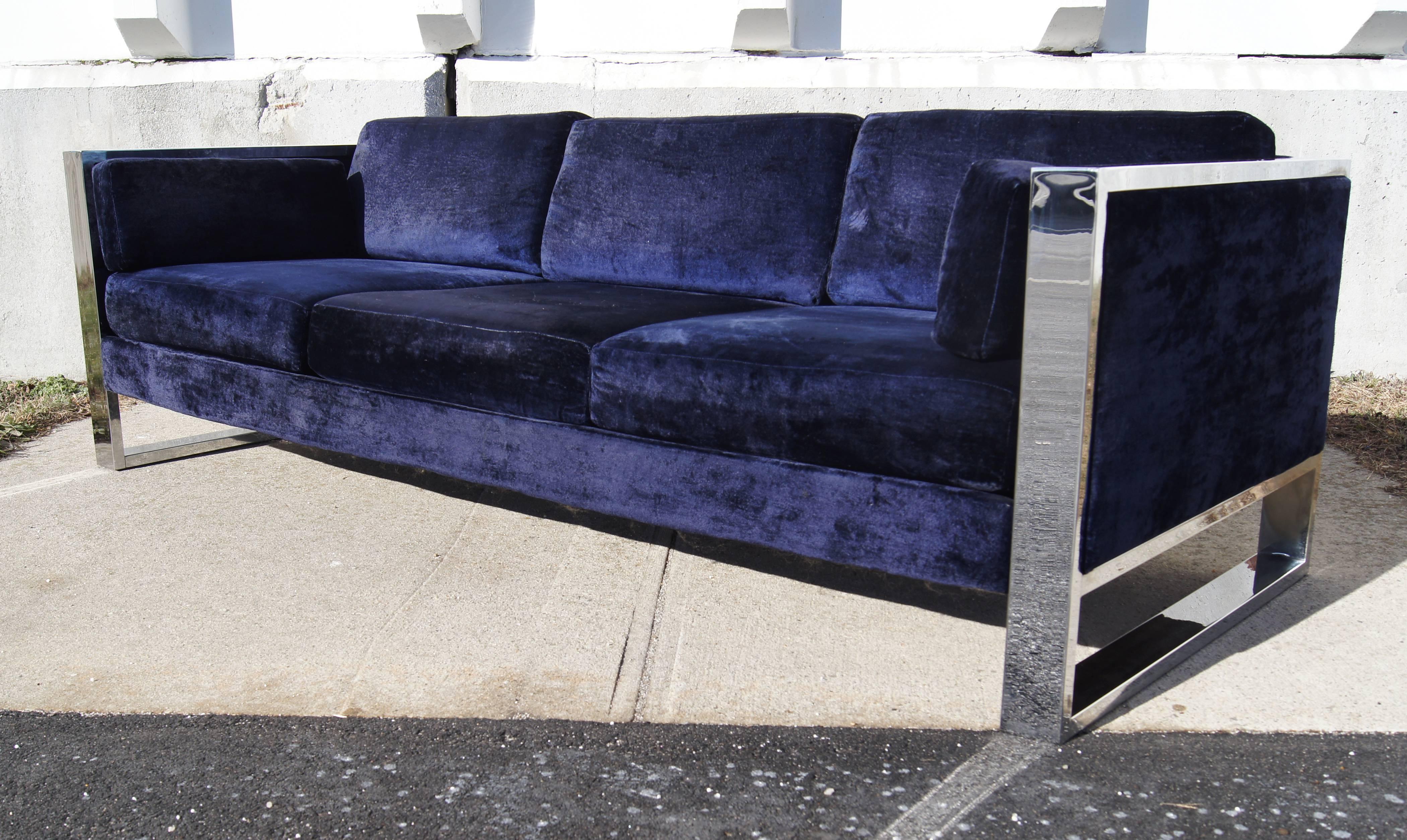 Mid-Century Modern Chrome & Blue Velvet Flat Bar Sofa by Milo Baugham 