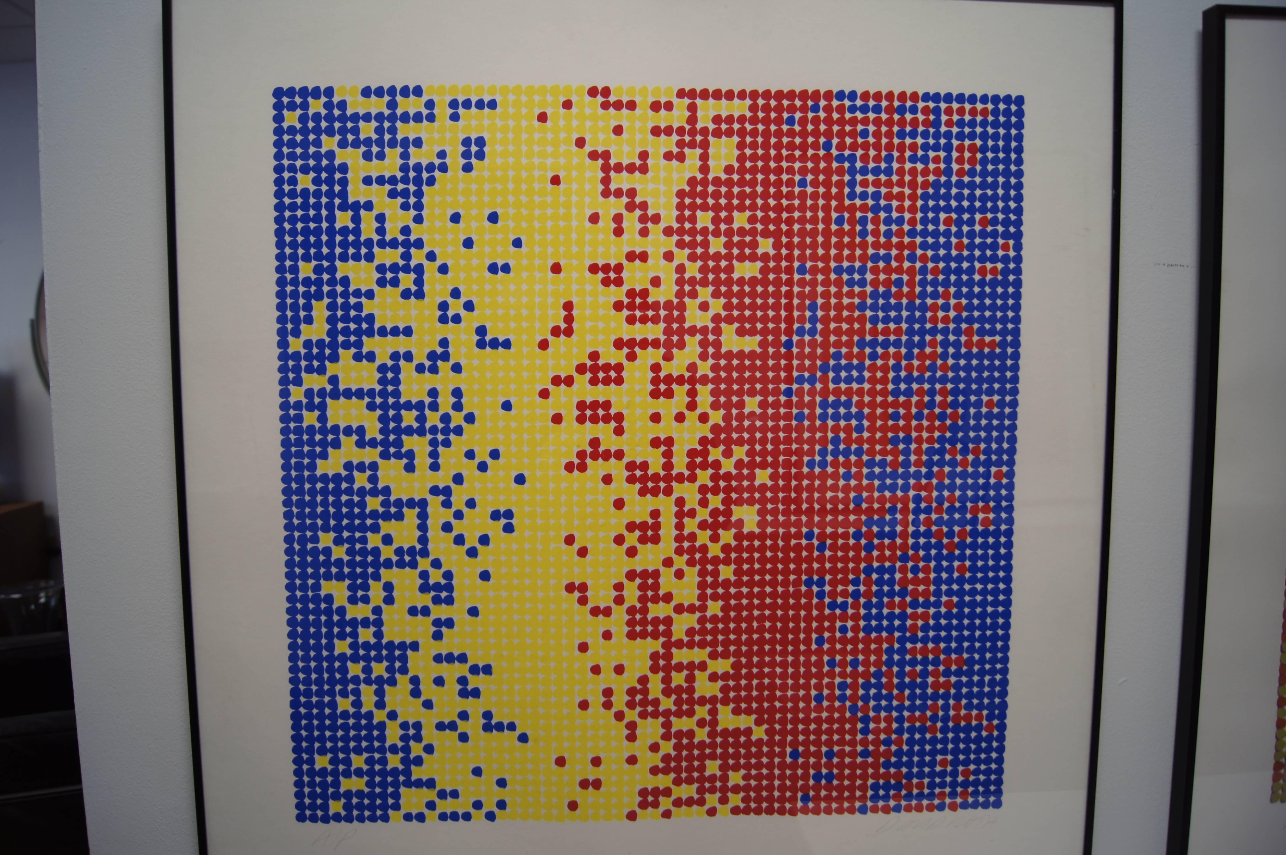 Diese sechs gerahmten Serigrafien stehen in der Tradition der Op Art und sind Teil der Erforschung der Wahrnehmung durch den Künstler David Roth. Er verwendet eine mathematische Formel, um Raster aus farbigen Punkten zusammenzustellen, die sich auf
