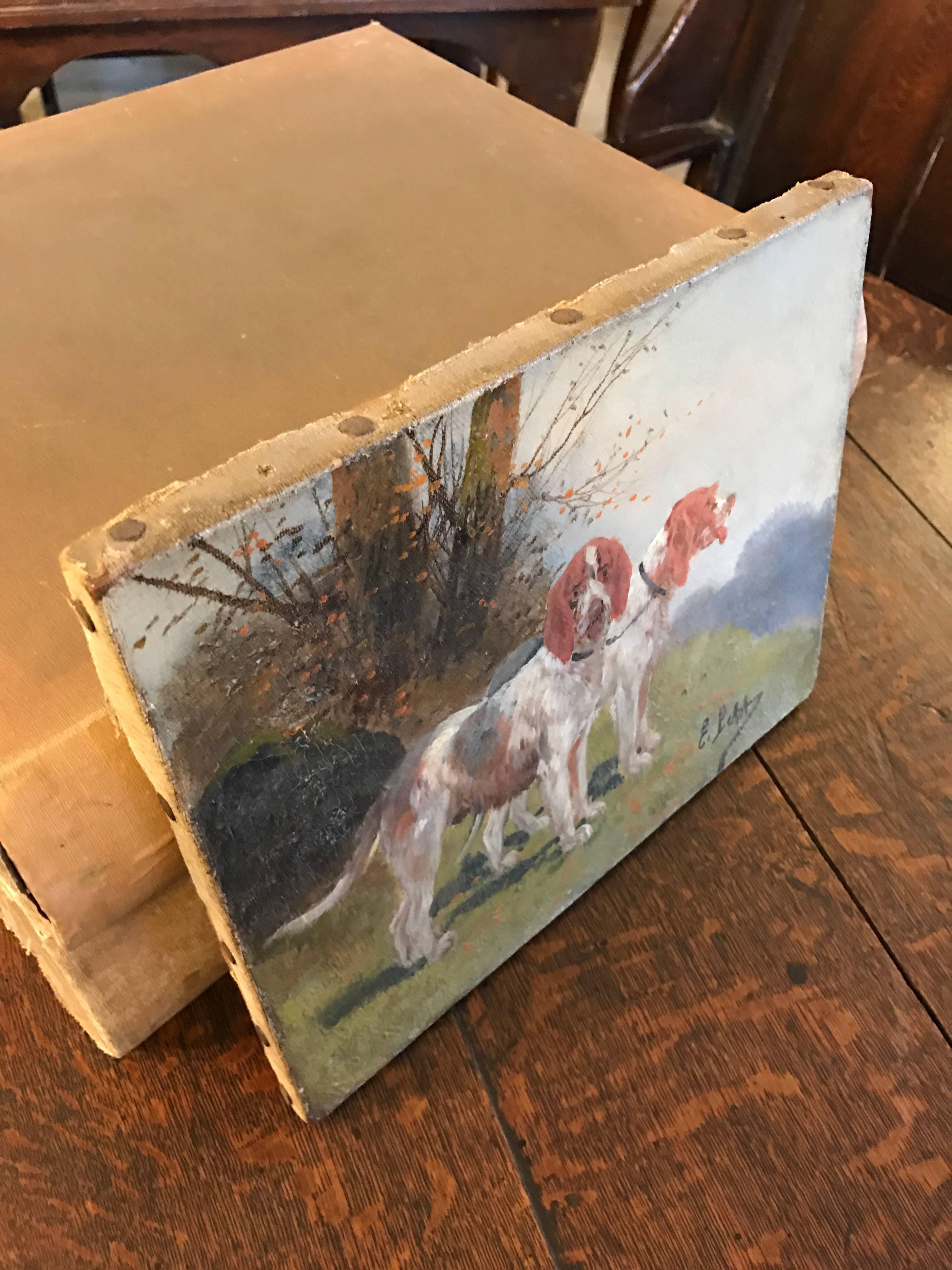 19th century miniature oil painting on canvas of dogs.