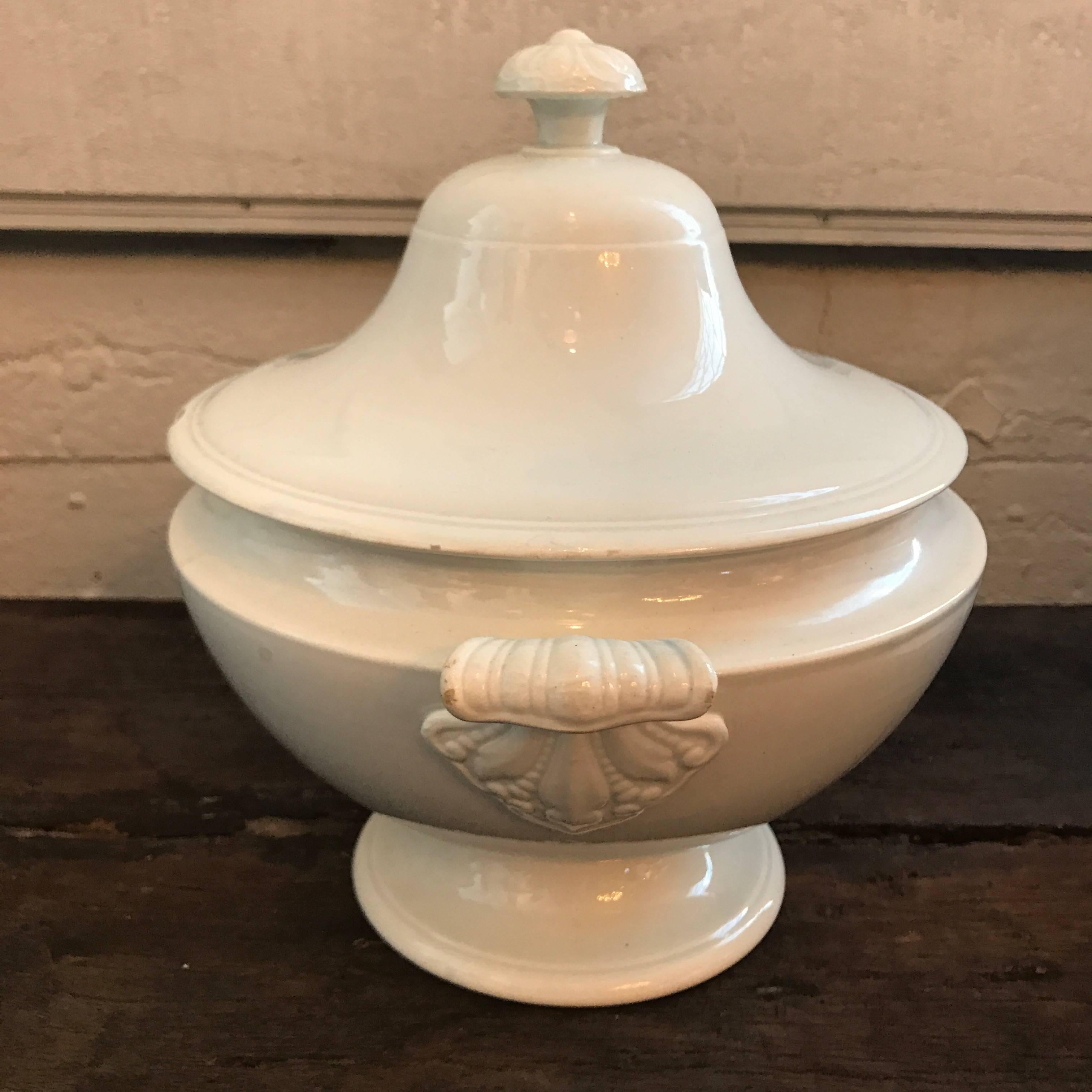 Large 19th century ironstone tureen with fruit top handle.