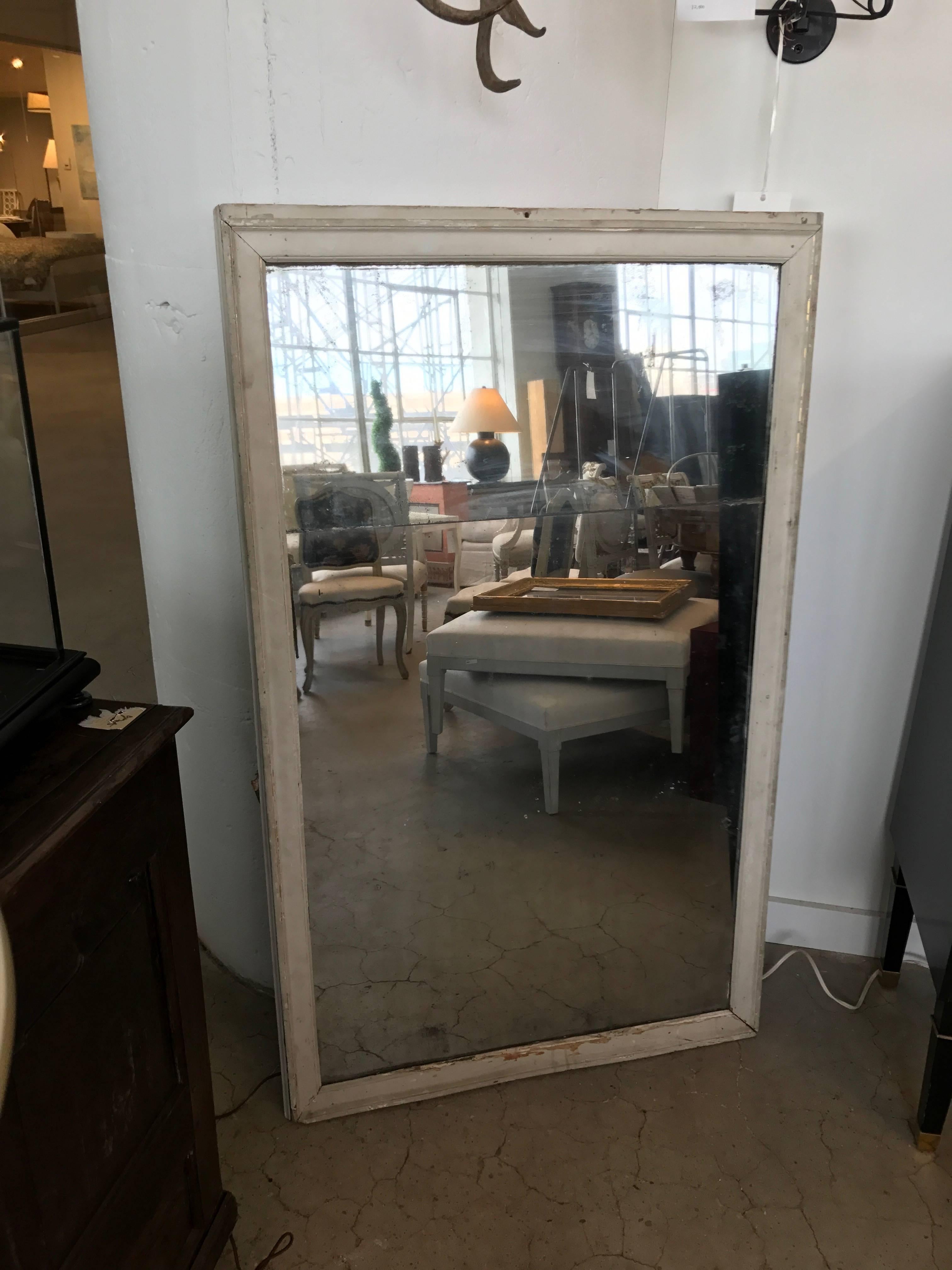 19th century light grey painted mirror. Original glass in two pieces within frame.
