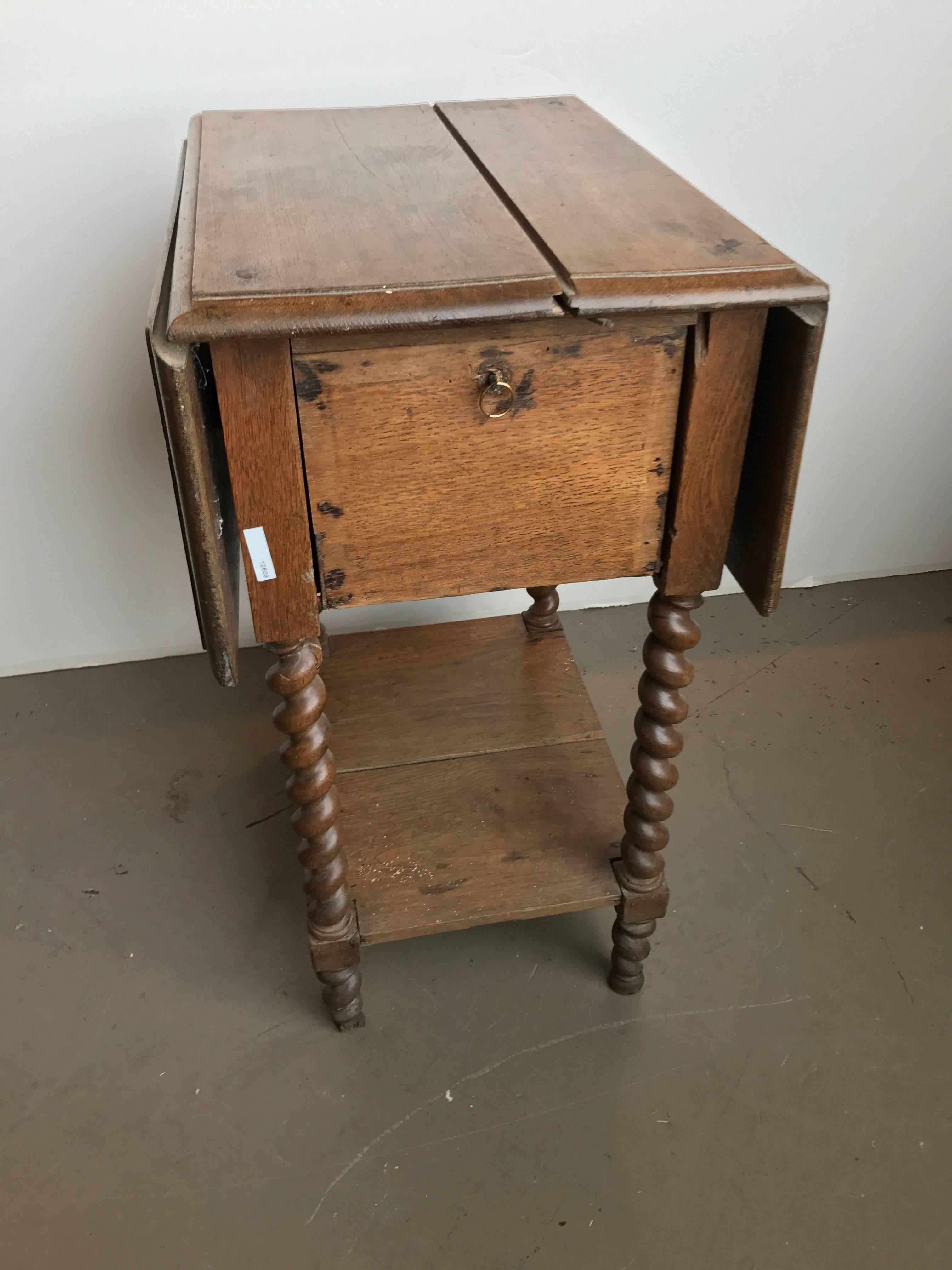 19th Century Barley Twist Oak Drop Leaf Work Table For Sale 3