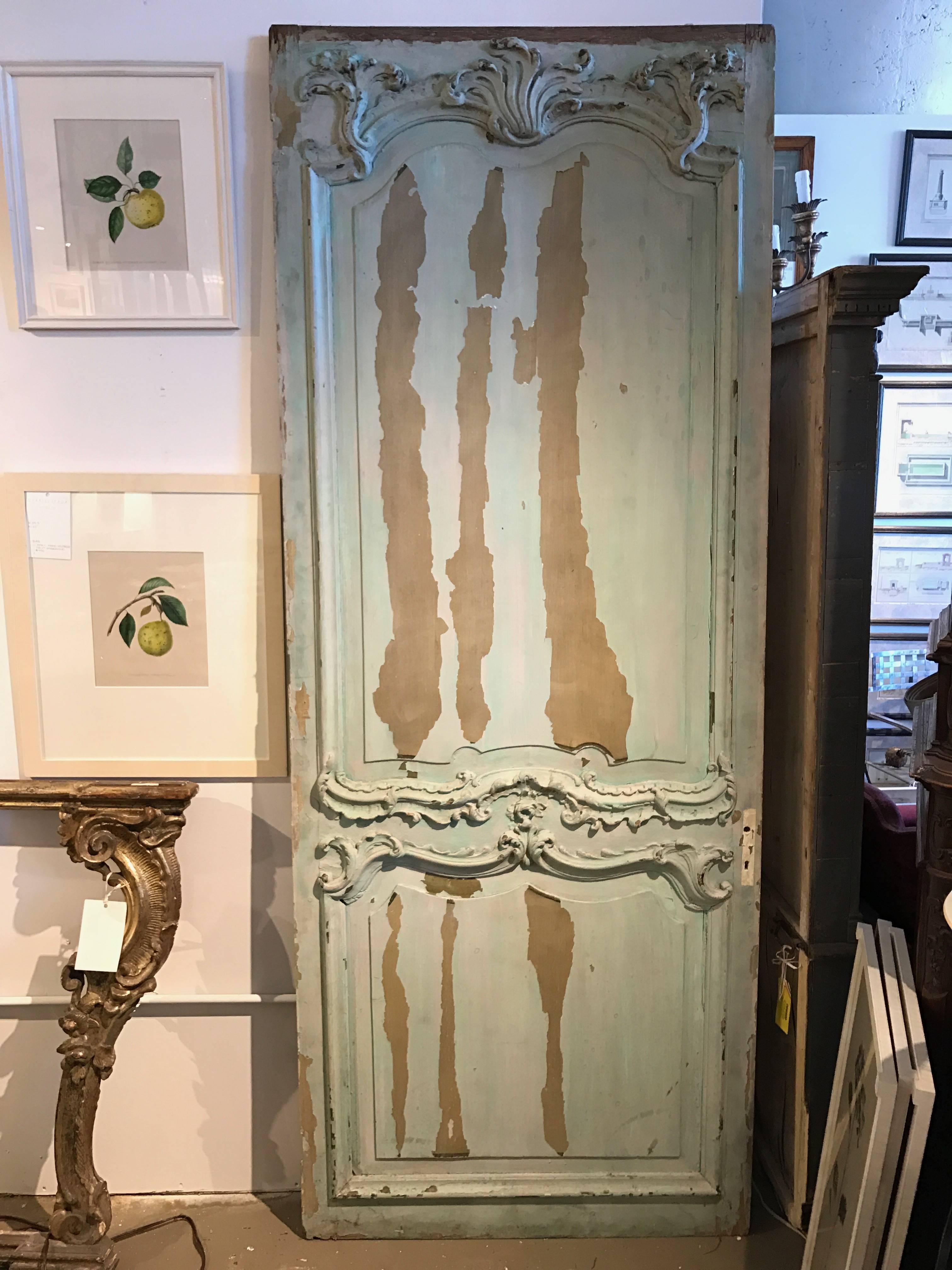 Pair of period Louis X V painted doors. Mint green paint.