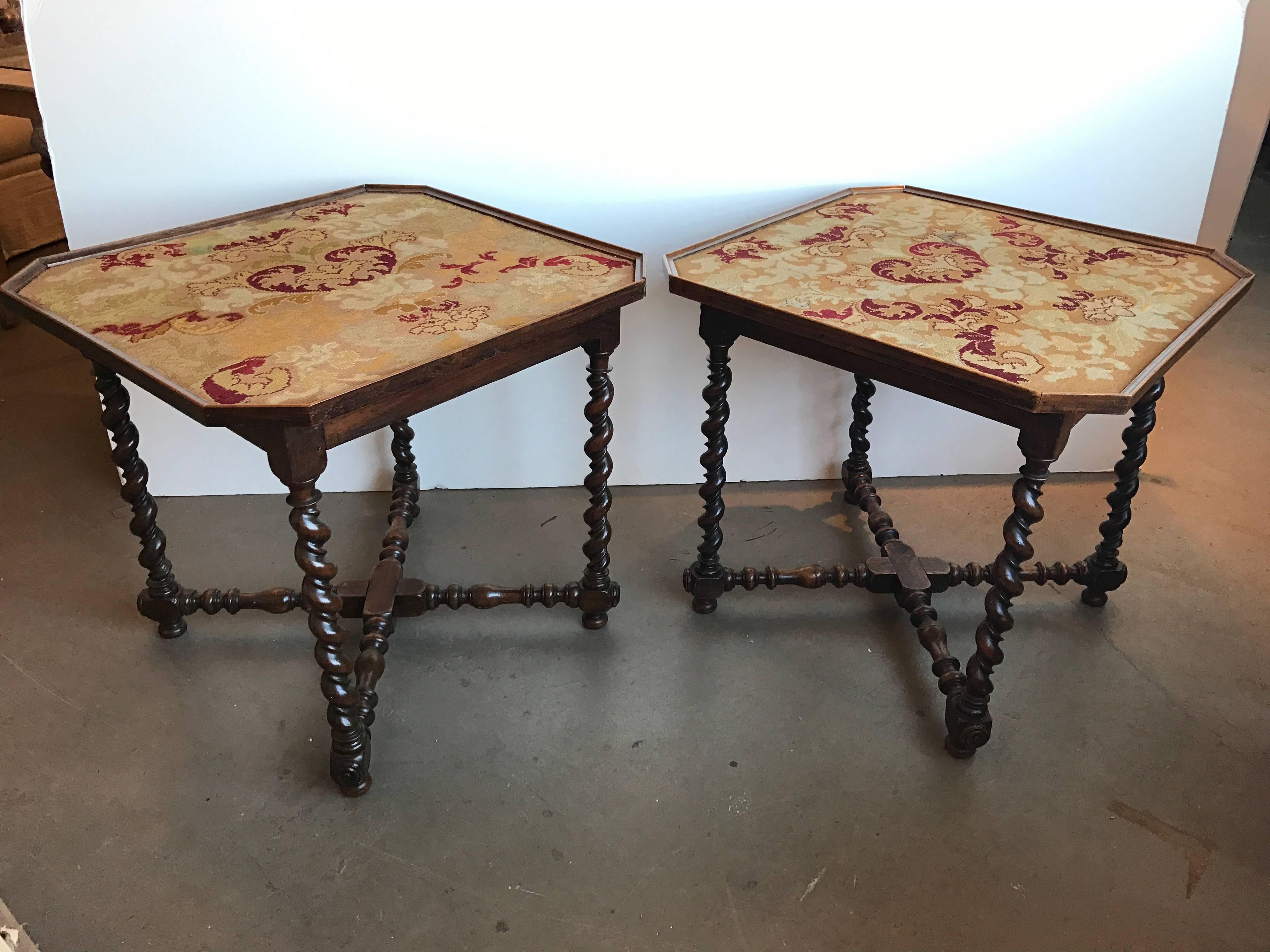 Pair of 19th century French needlepoint top tables. Both have custom sized glass tops (not photographed b/c of glare).

Measures: Table 1 31