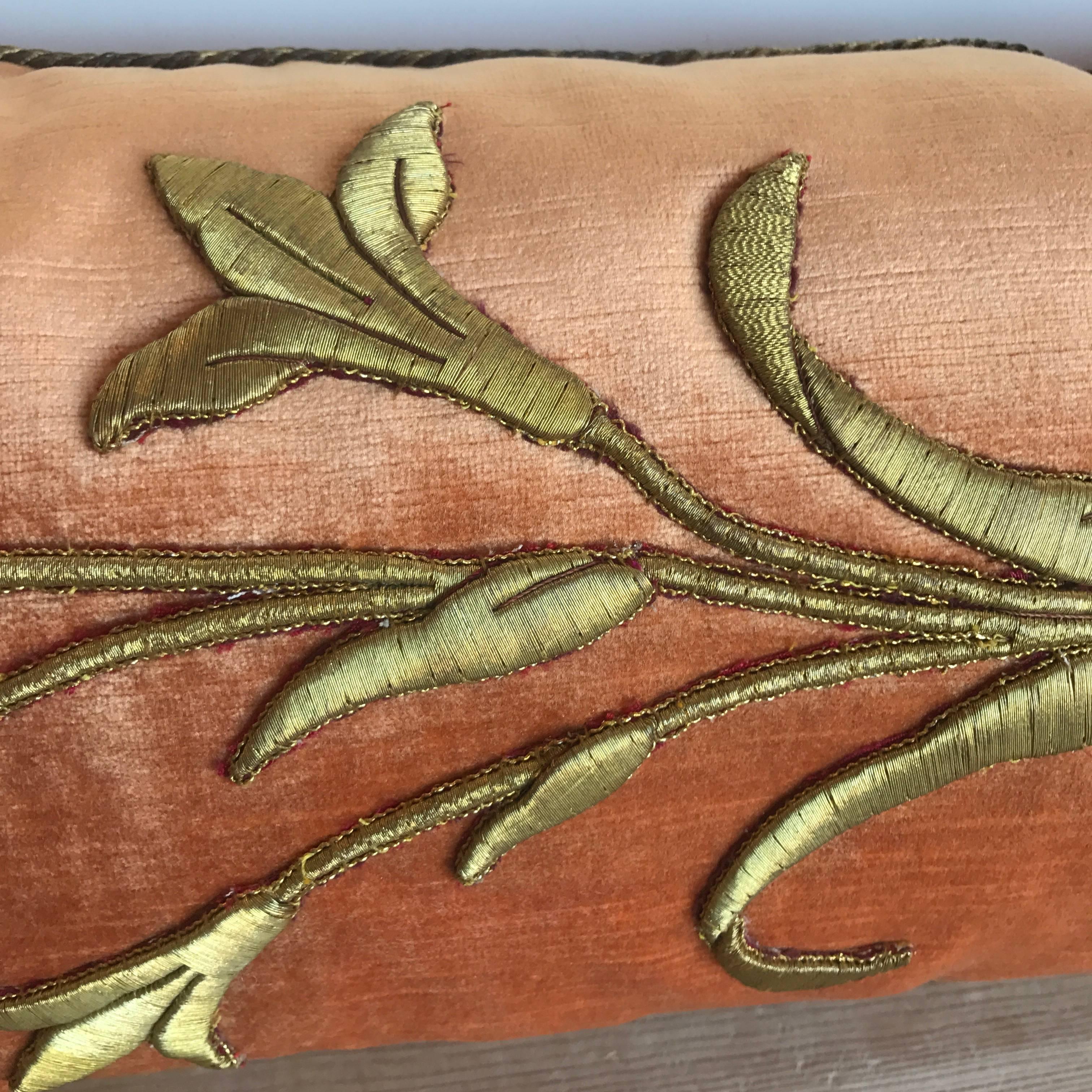 Antique European Raised Gold Metallic Embroidery Pillow In Excellent Condition For Sale In Boston, MA