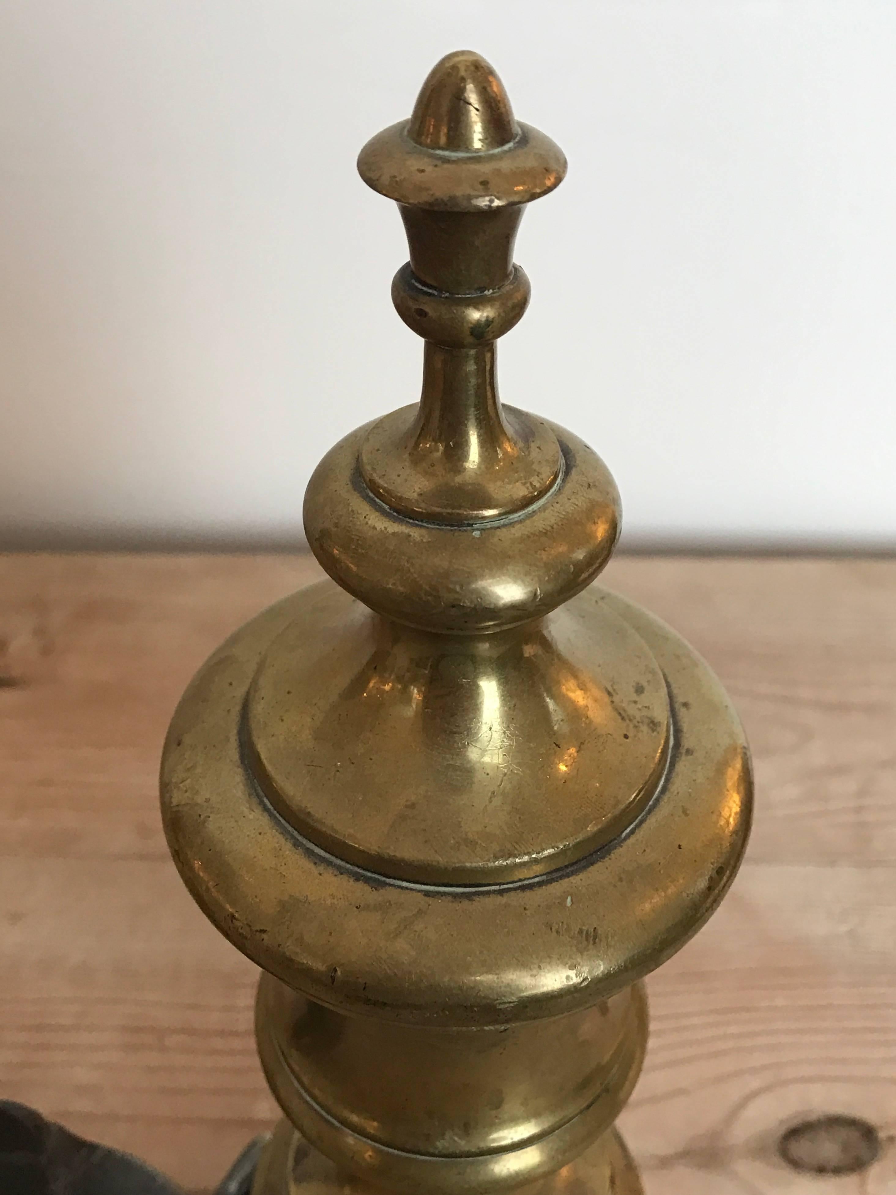 Pair of 19th Century Urn Shaped Brass Andirons In Excellent Condition For Sale In Boston, MA