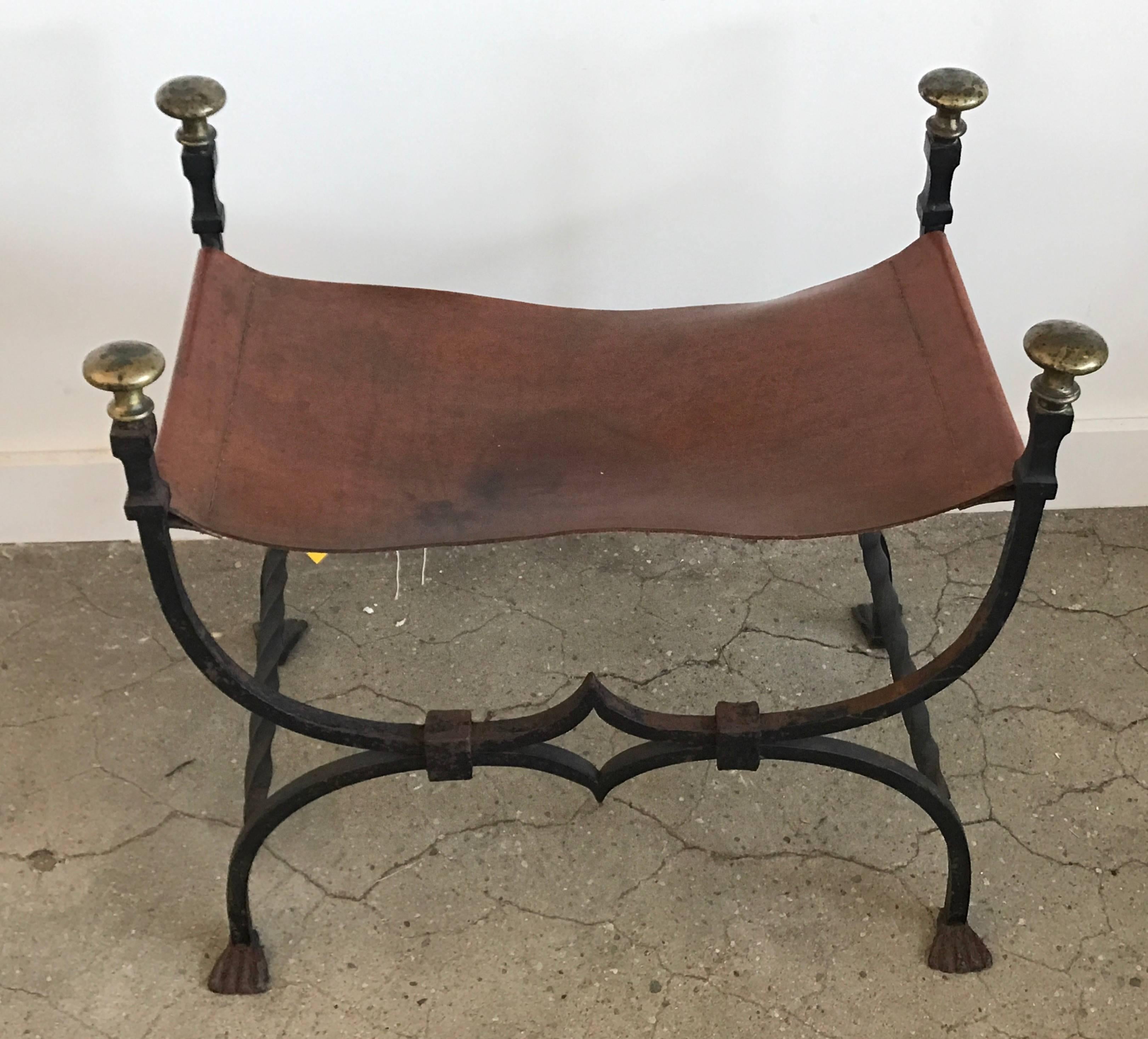 French Pair of 19th Century Iron and Leather Benches