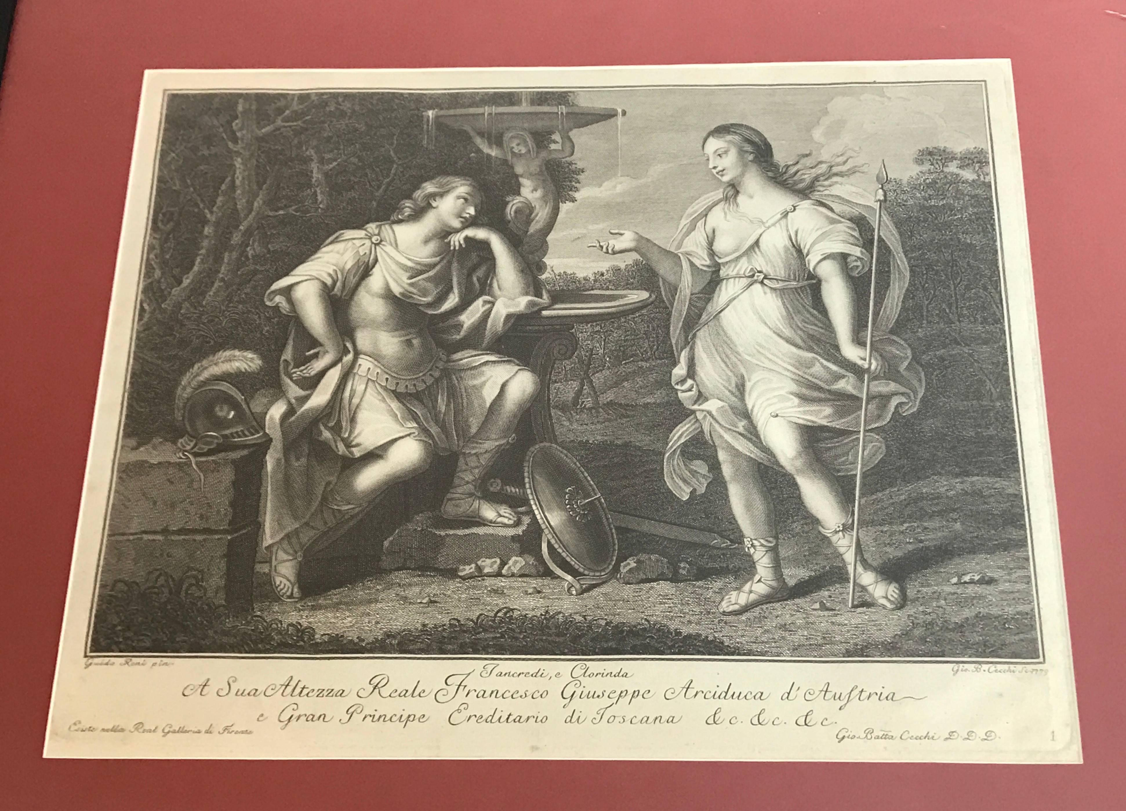 18th century engraving of tancredi, e Clorinda by Gio. B. Cecchi Sc., 1779. Custom matted and framed.
