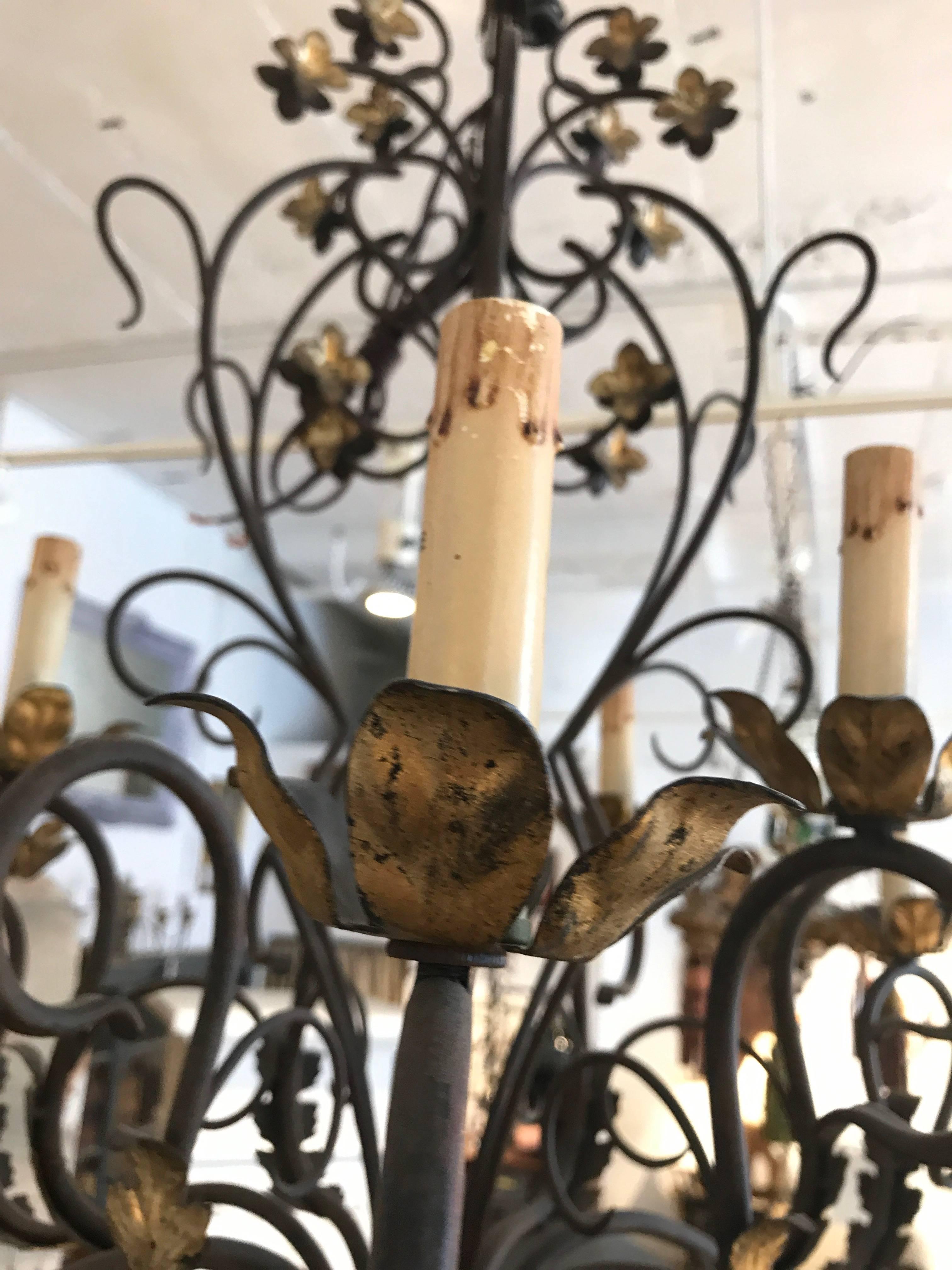 Gilded Wrought Iron Chandelier In Excellent Condition For Sale In Boston, MA