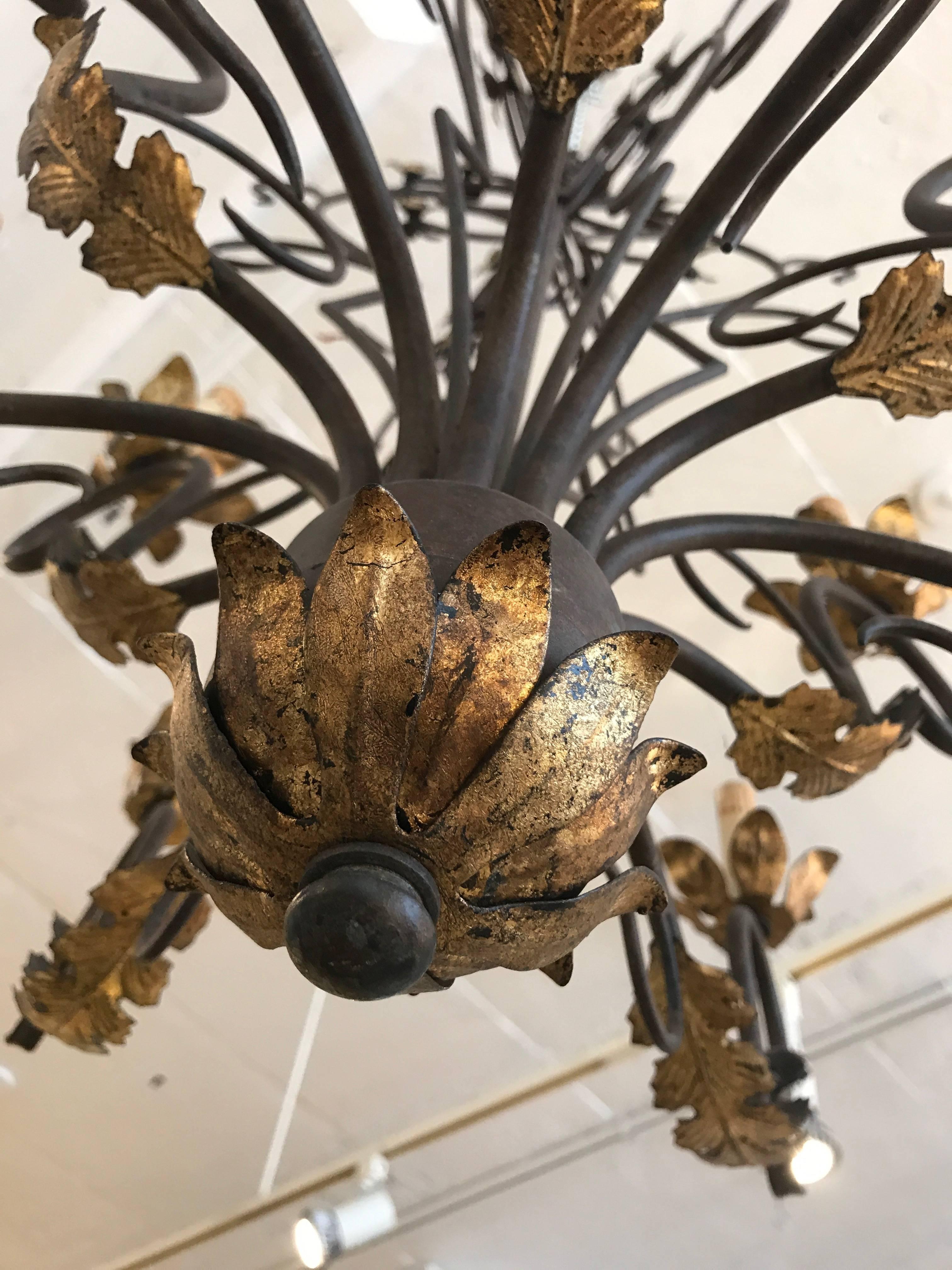 Mid-20th Century Gilded Wrought Iron Chandelier For Sale