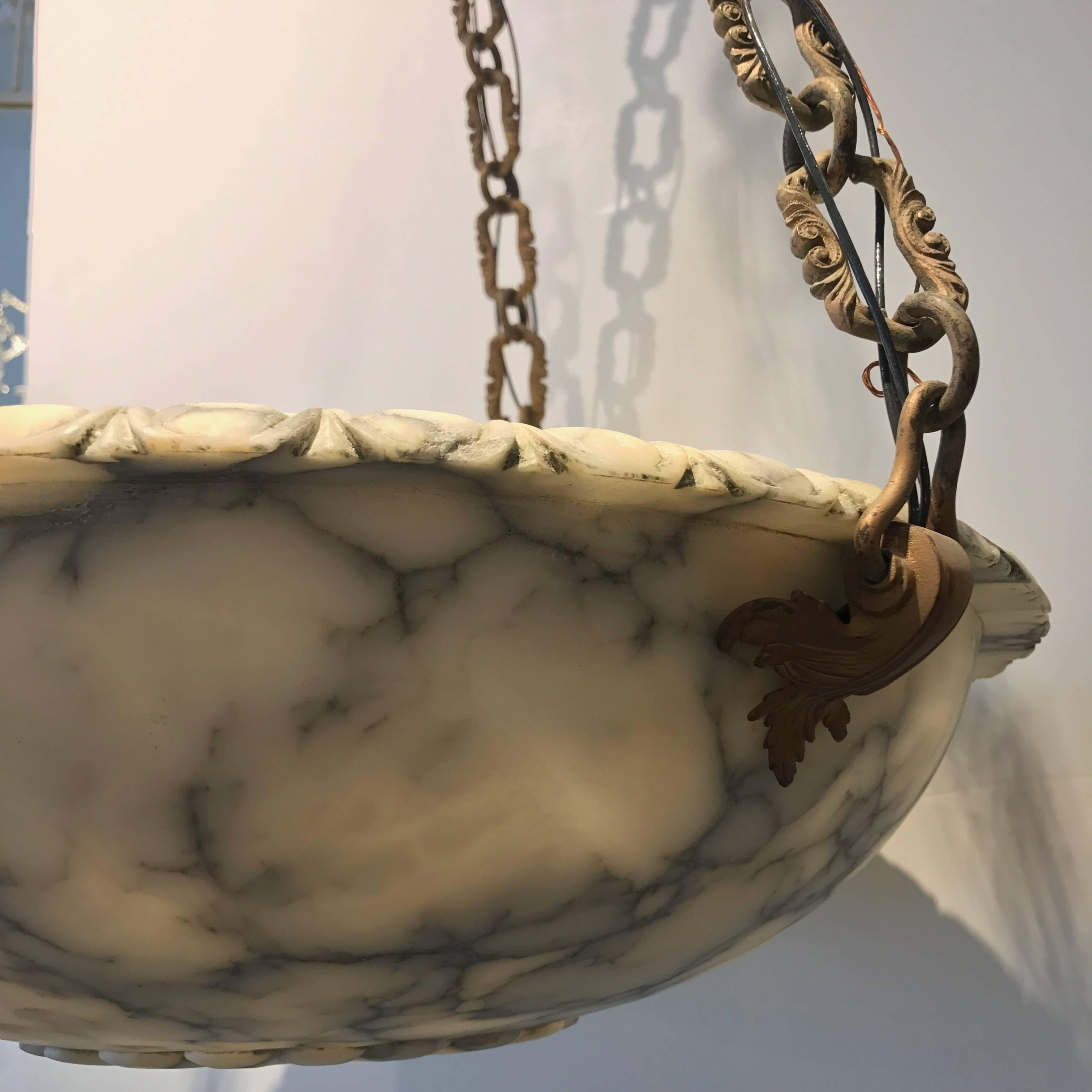 Carved Alabaster Bowl Chandelier In Excellent Condition In Boston, MA