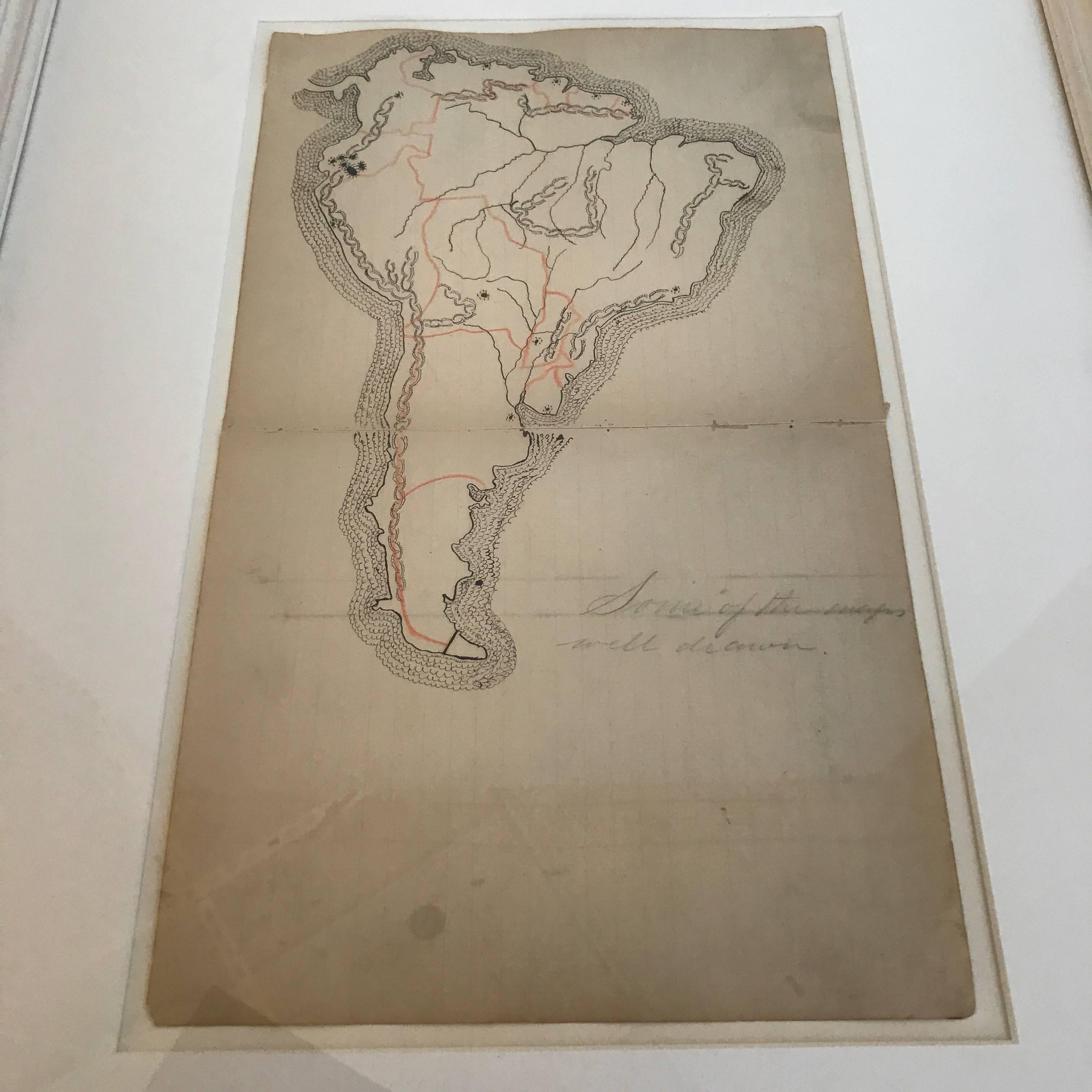 19th century Schoolboy map of South America. Custom framed.