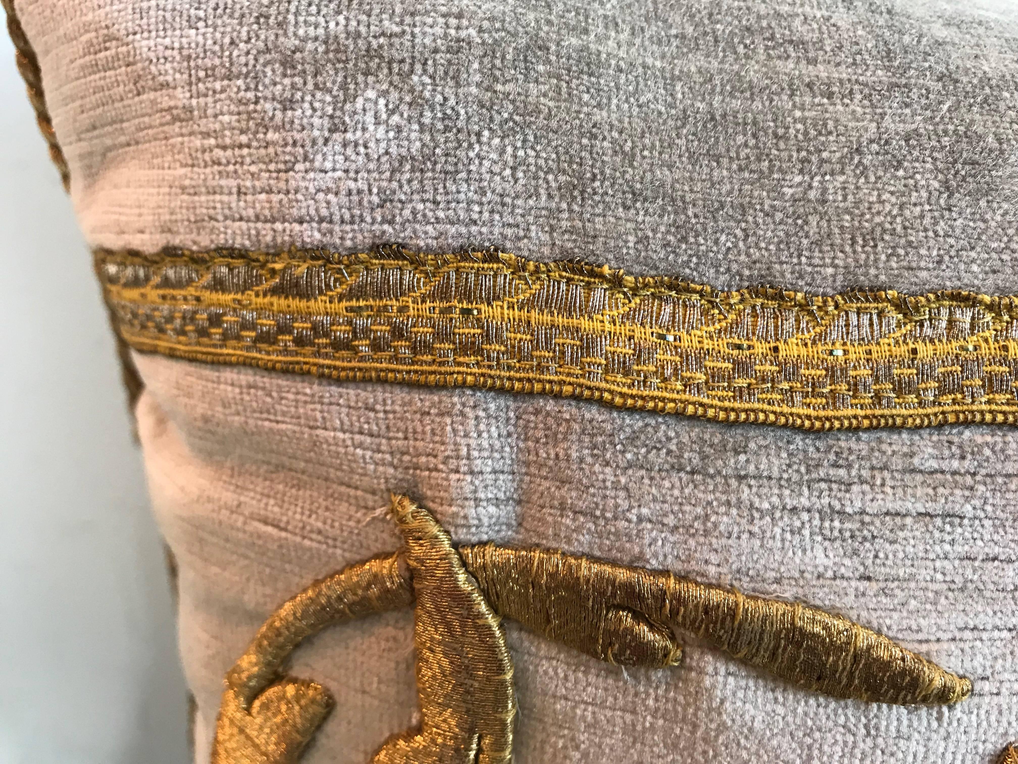 Embroidered Antique European Gold Metallic Embroidery Pillow For Sale