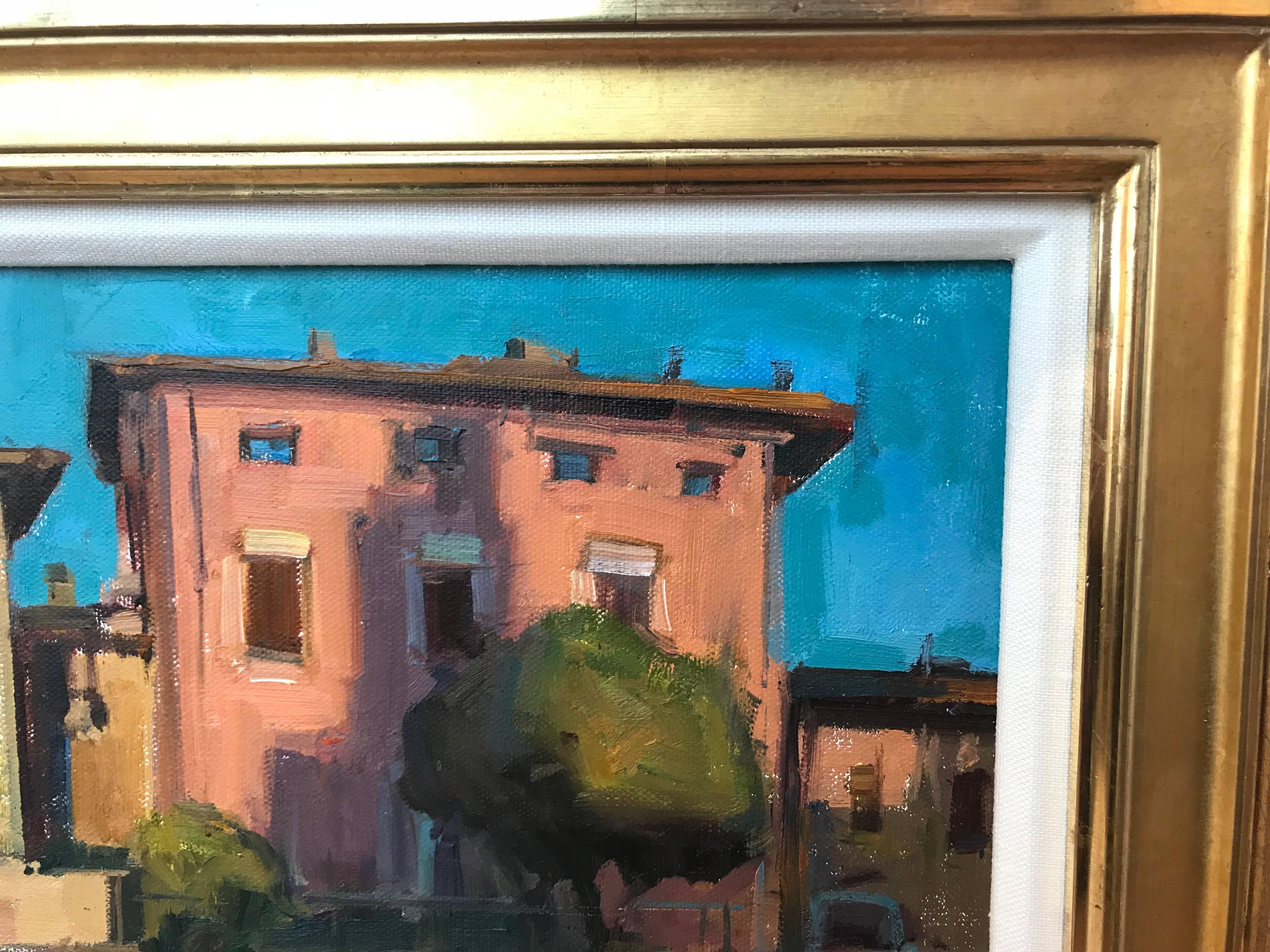 Architecture and landscape view of Todi, Italy. Giltwood frame with fabric matting. Acrylic on canvas. Signed.
