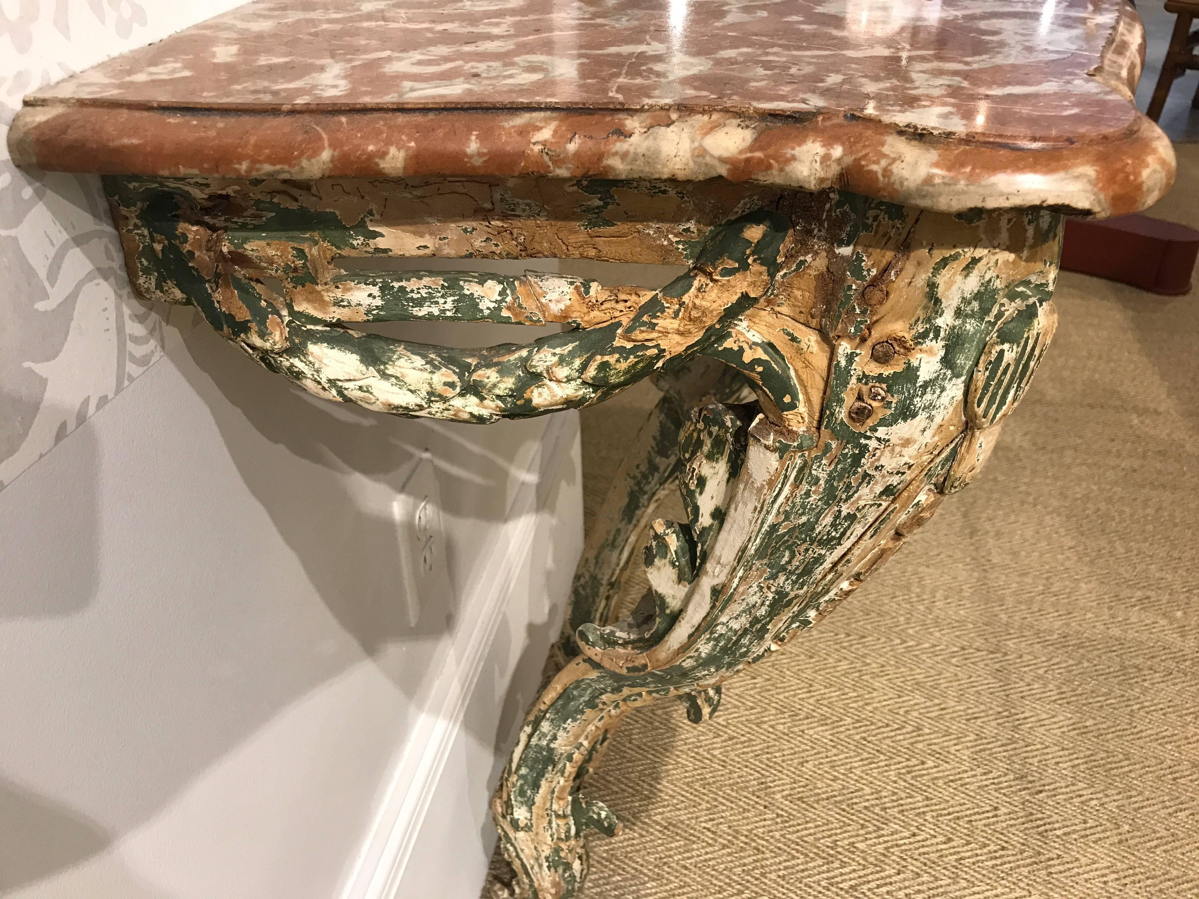 18th Century and Earlier 18th Century, French Carved Wood and Marble Console For Sale