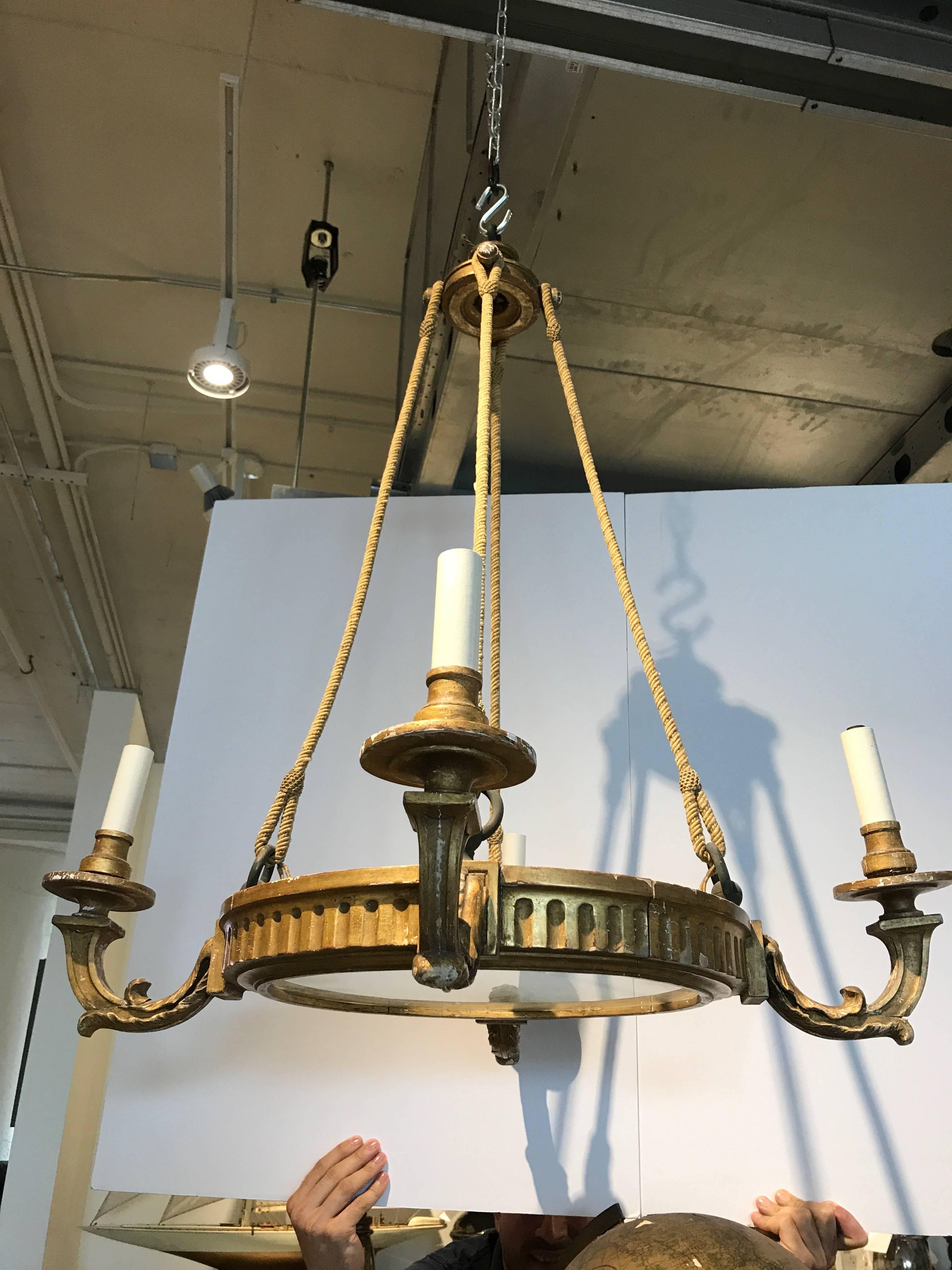 19th Century, French Four-Arm Giltwood Chandelier with Rope In Good Condition For Sale In Boston, MA