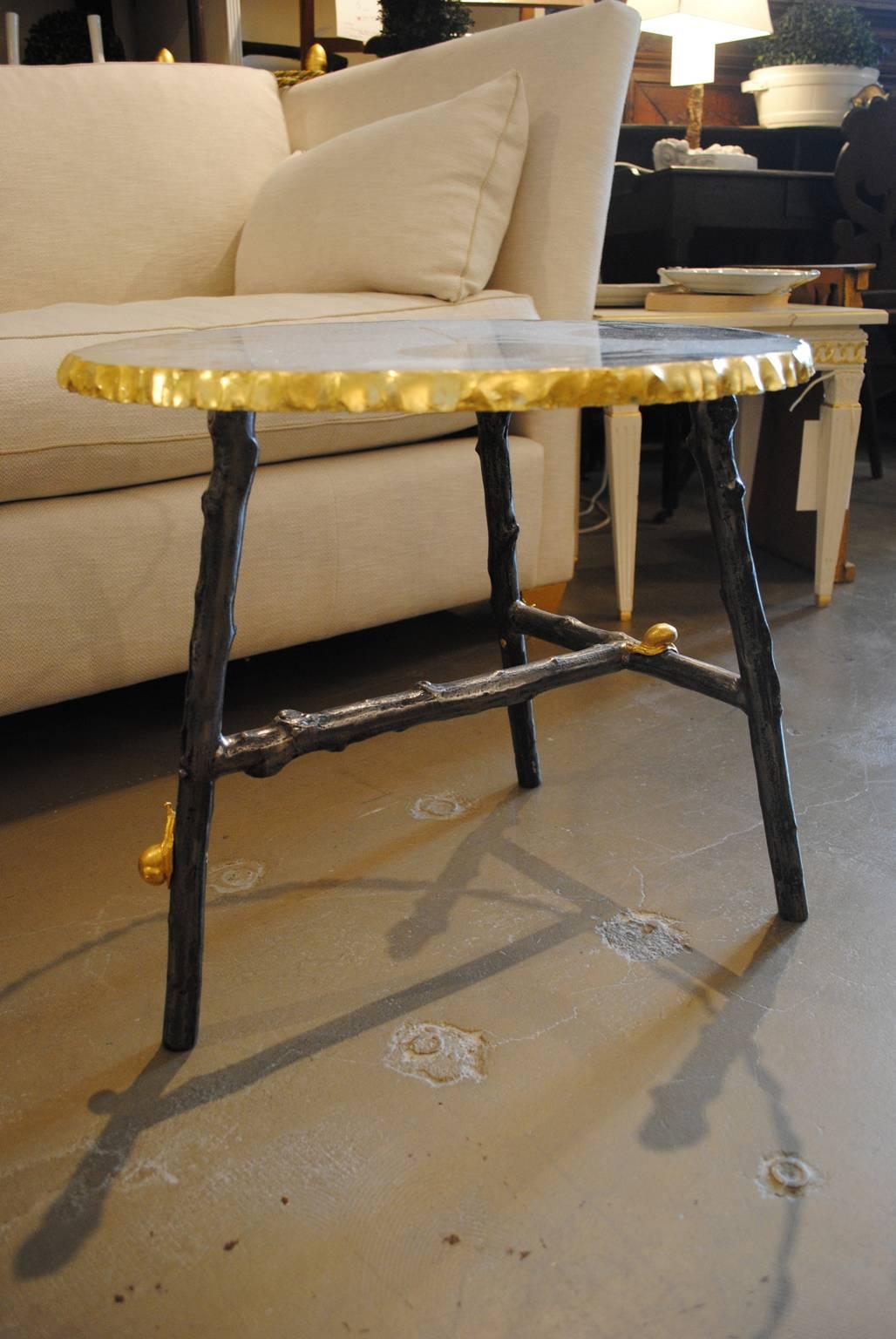 Bronze Coffee Table w/ Gilded Snails and Gilded Edge Glass Top.