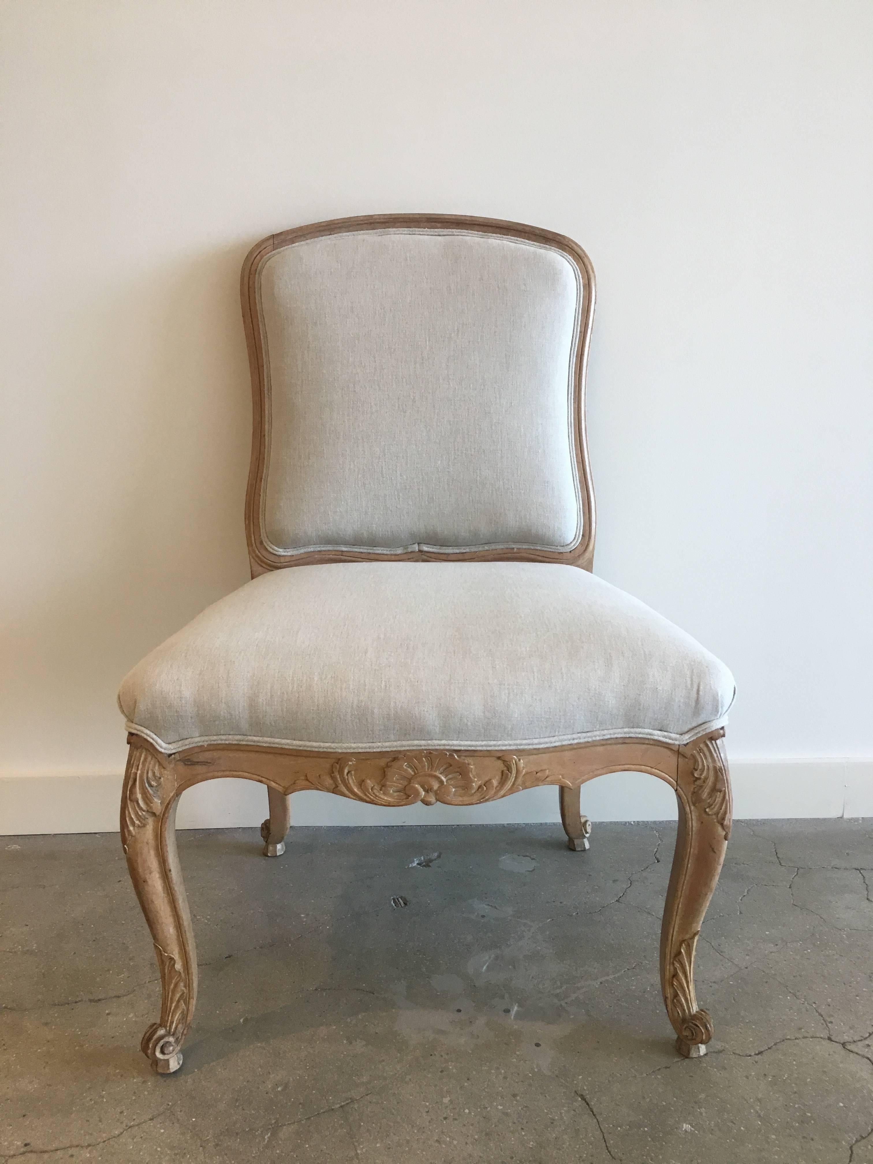 Set of six Louis XV style side chairs. Cerused wood frames. Signed G Fradon. Newly reupholstered.