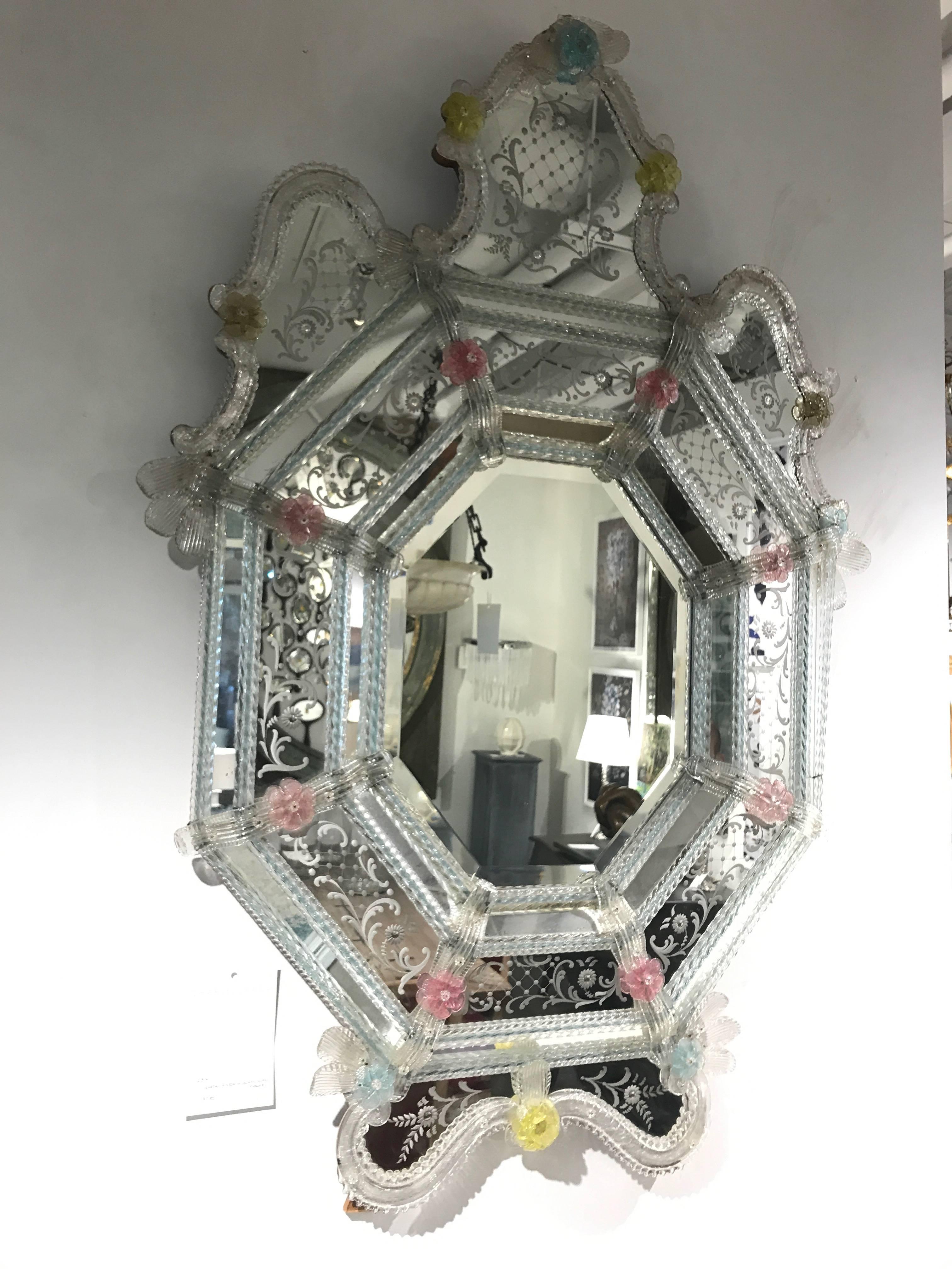 19th Century Venetian Mirror with colored glass flowers.