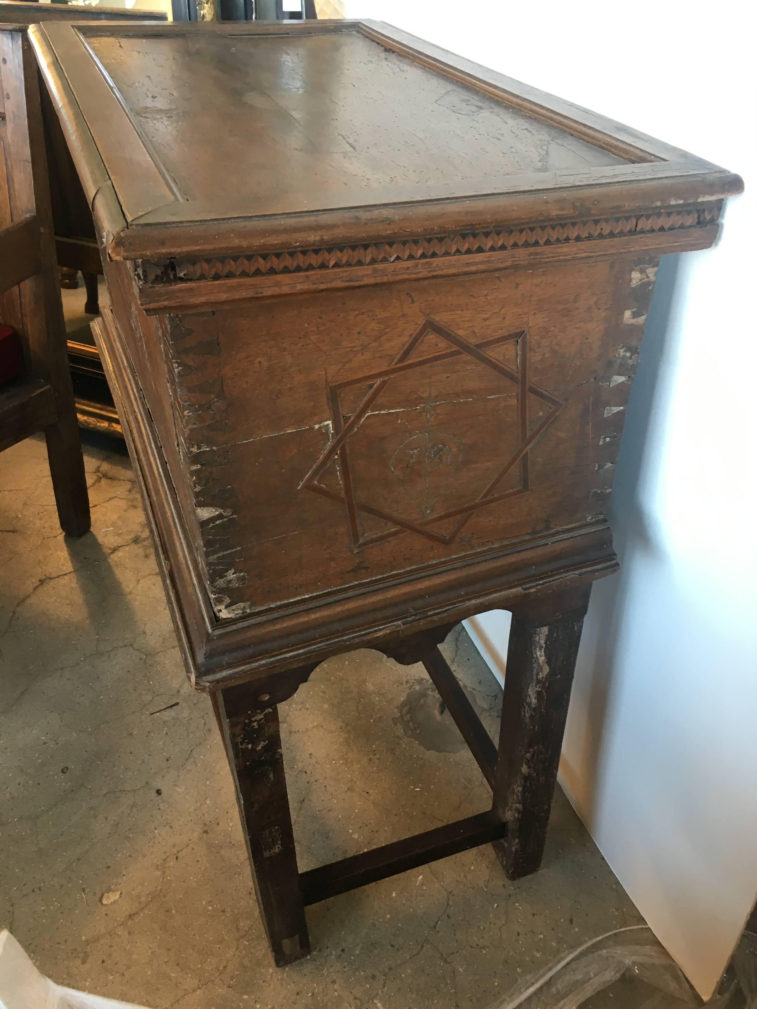 17th century Italian walnut traveling chest on stand.
Chest: 30