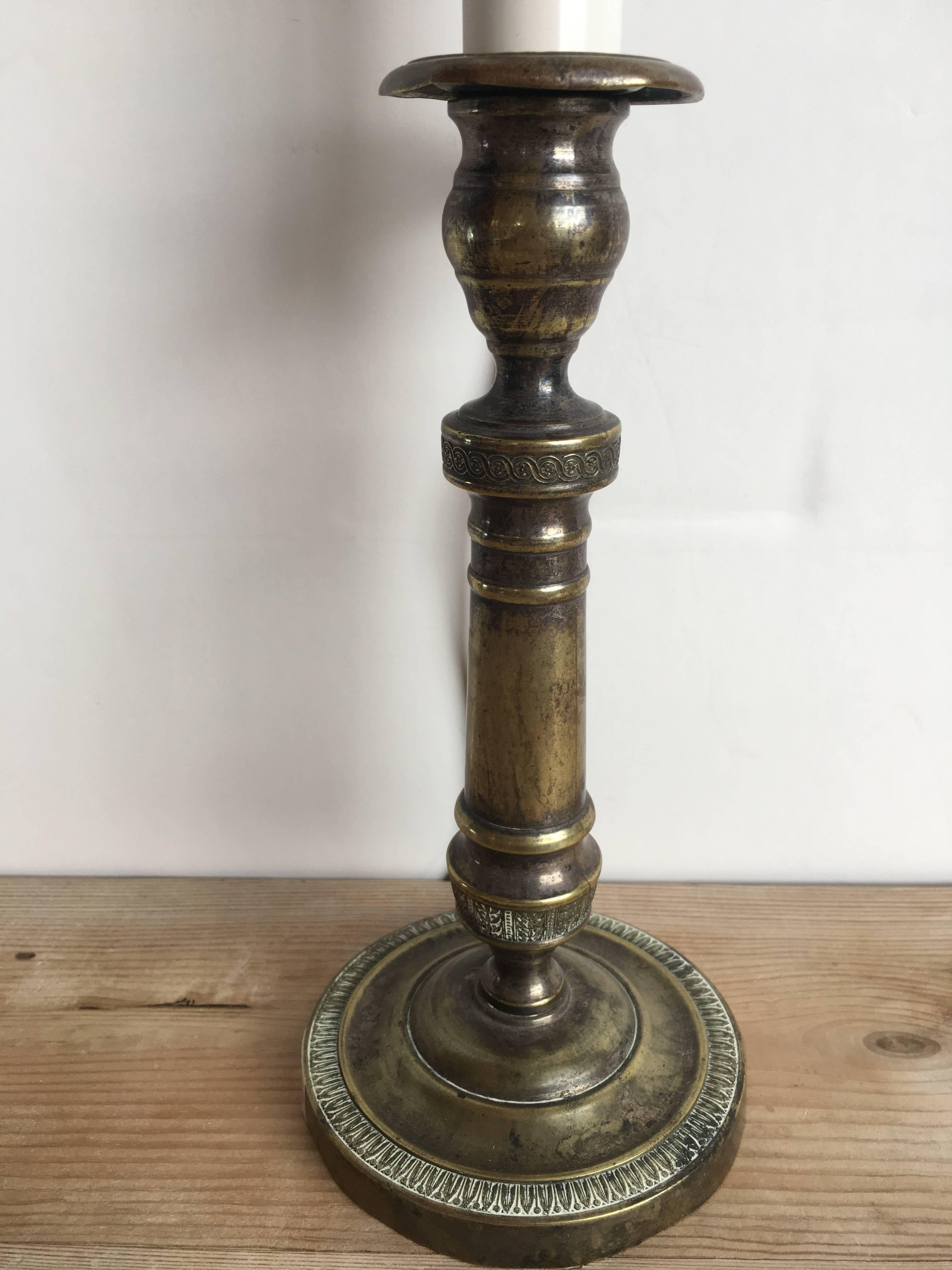 19th century engraved brass candlestick lamp. Newly USA wired.
   