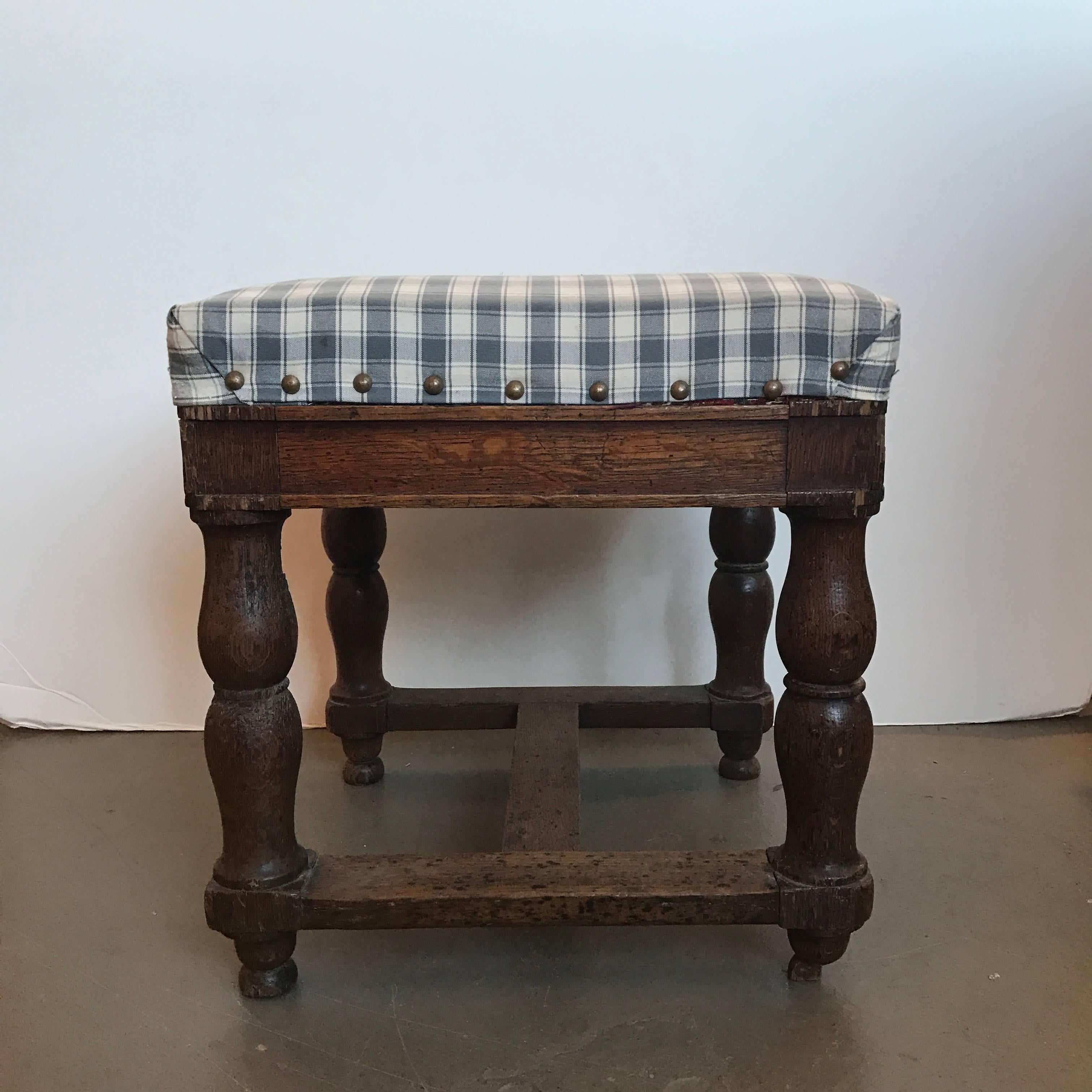 French 19th Century Upholstered Stool with Nailheads For Sale