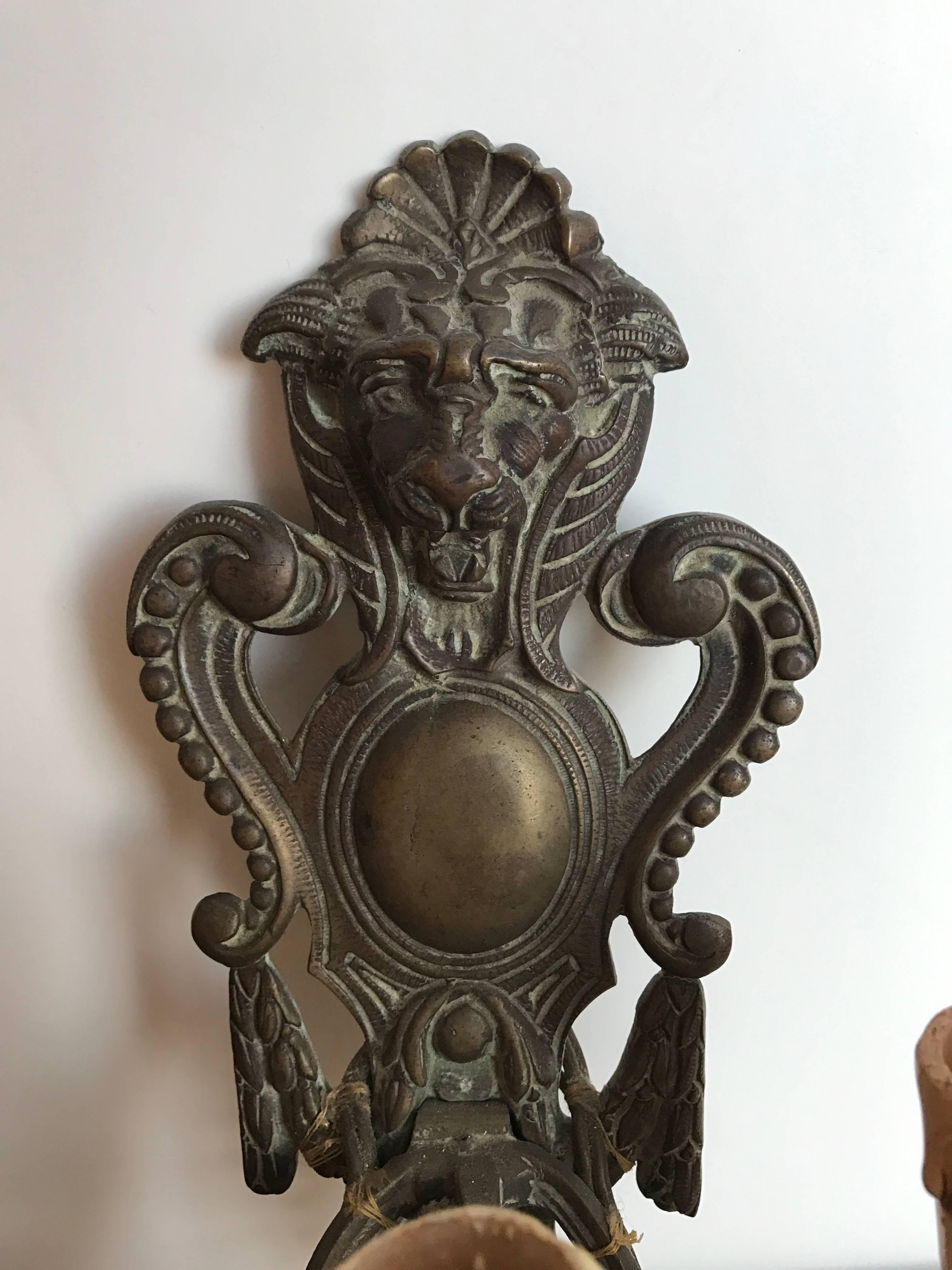 19th Century French Three-Arm Bronze Sconces with Lion Heads In Excellent Condition For Sale In Boston, MA