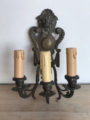 19th Century French Three-Arm Bronze Sconces with Lion Heads