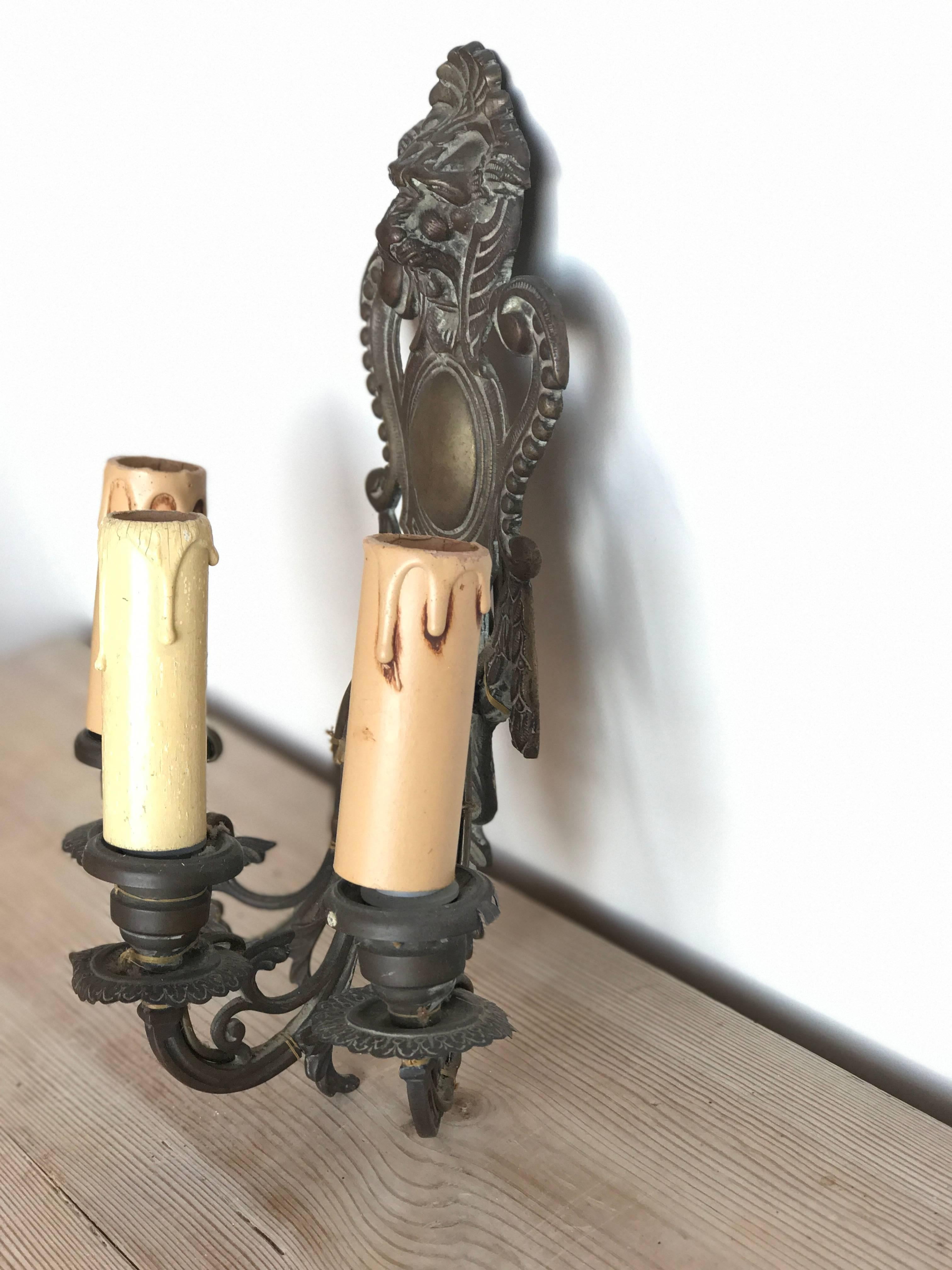19th Century French Three-Arm Bronze Sconces with Lion Heads For Sale 1