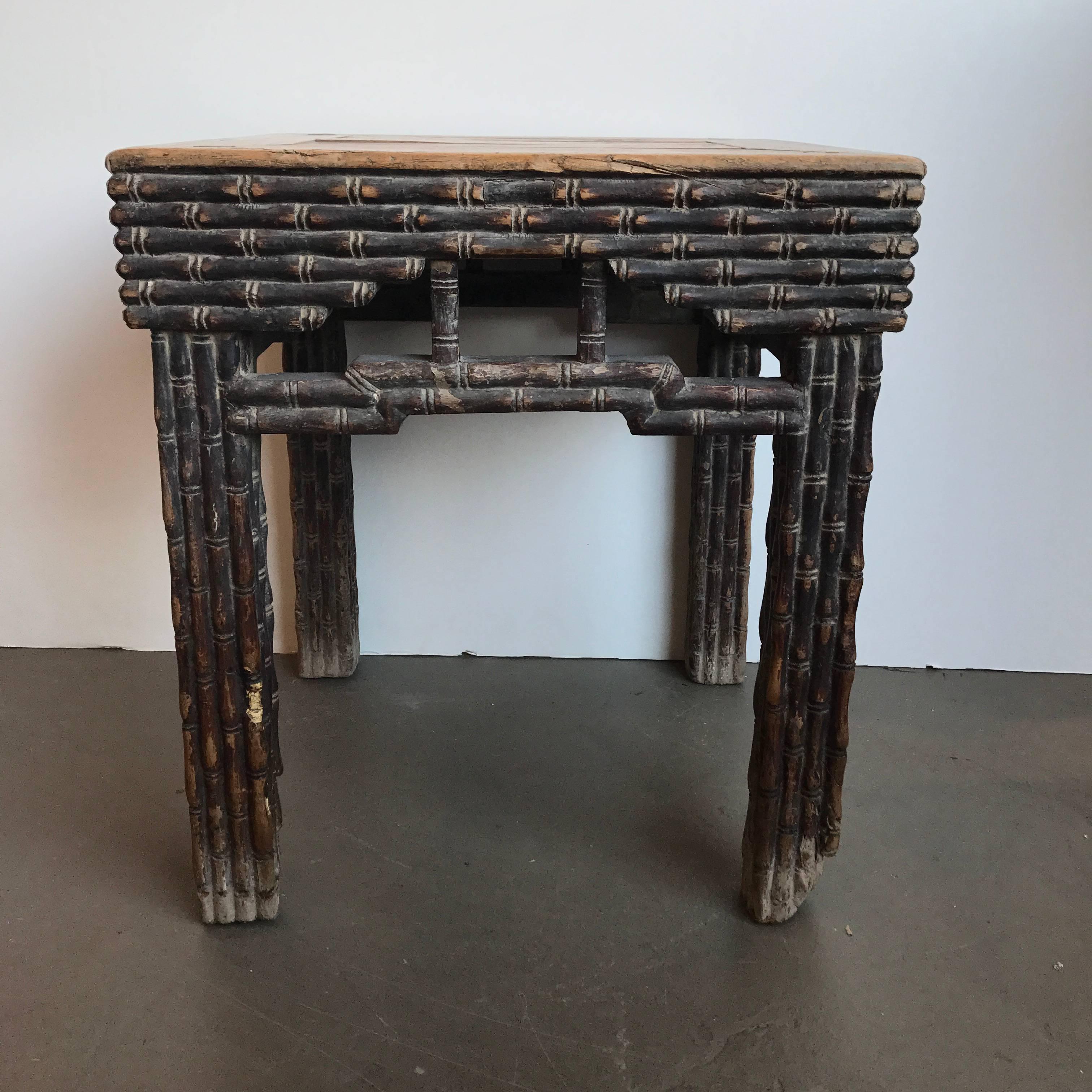 Pair of 18th century Chinese elmwood side tables. Faux bamboo carving. Dug up from underground in the Shanxi Province.
