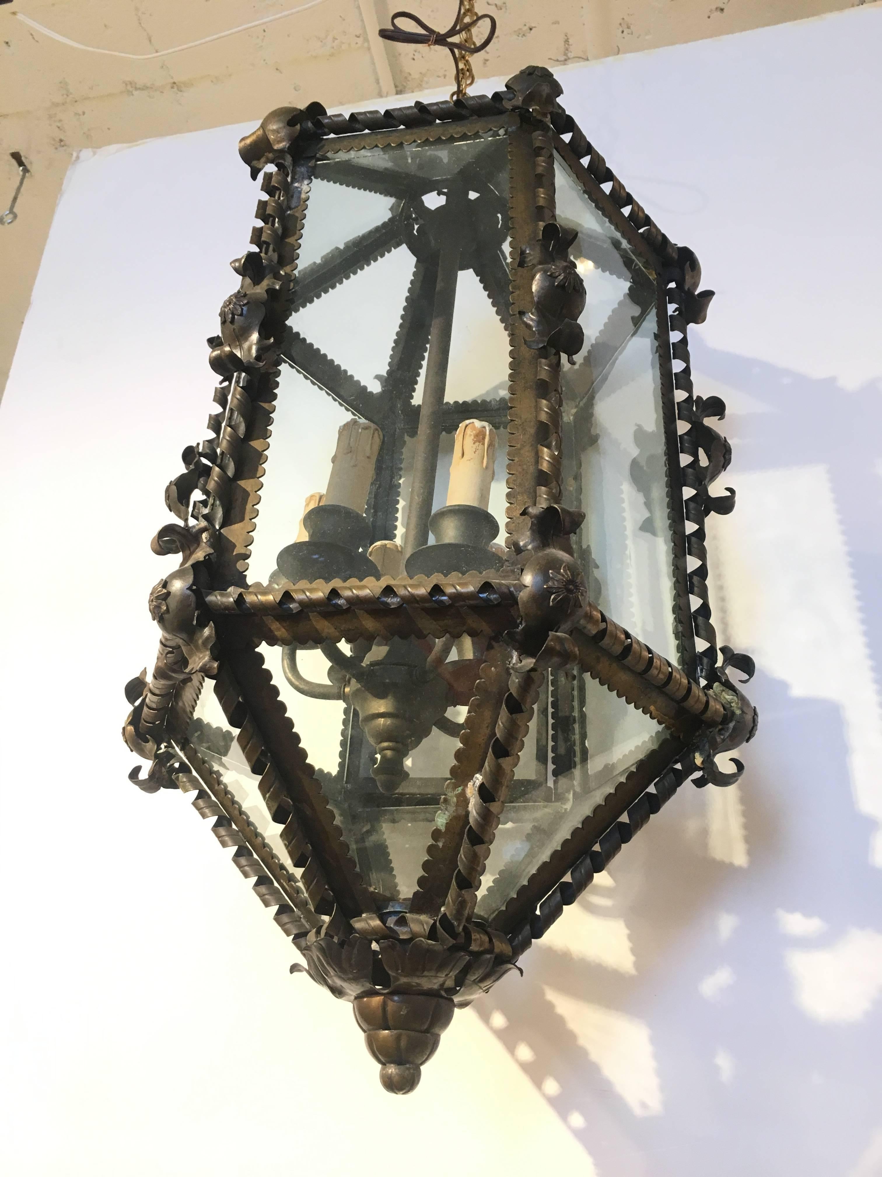 20th Century French Six-Sided Brass Hanging Lantern For Sale