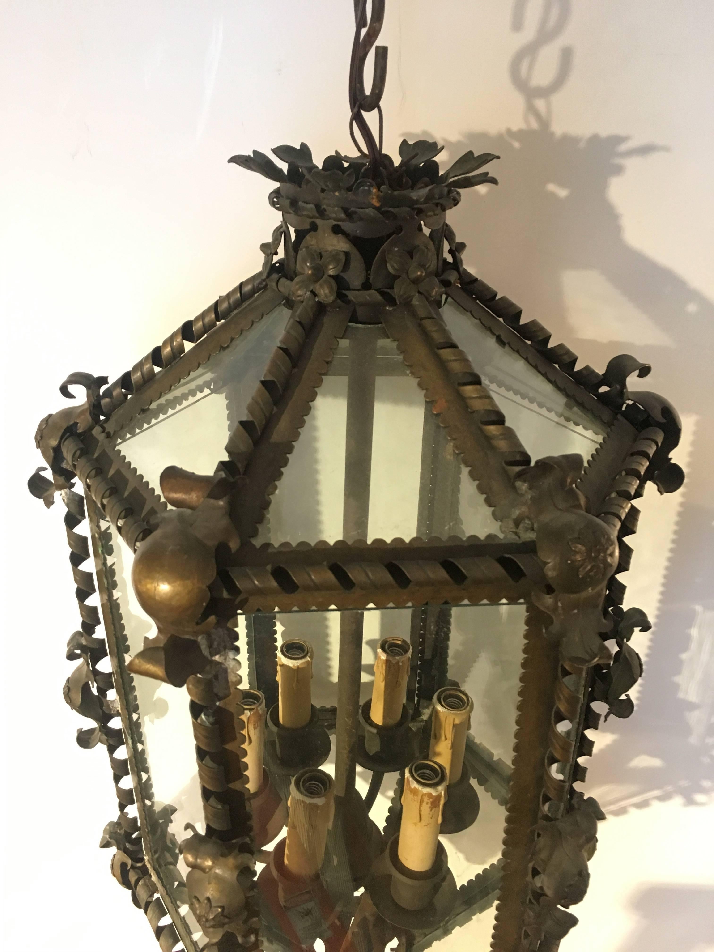 French Six-Sided Brass Hanging Lantern For Sale 1