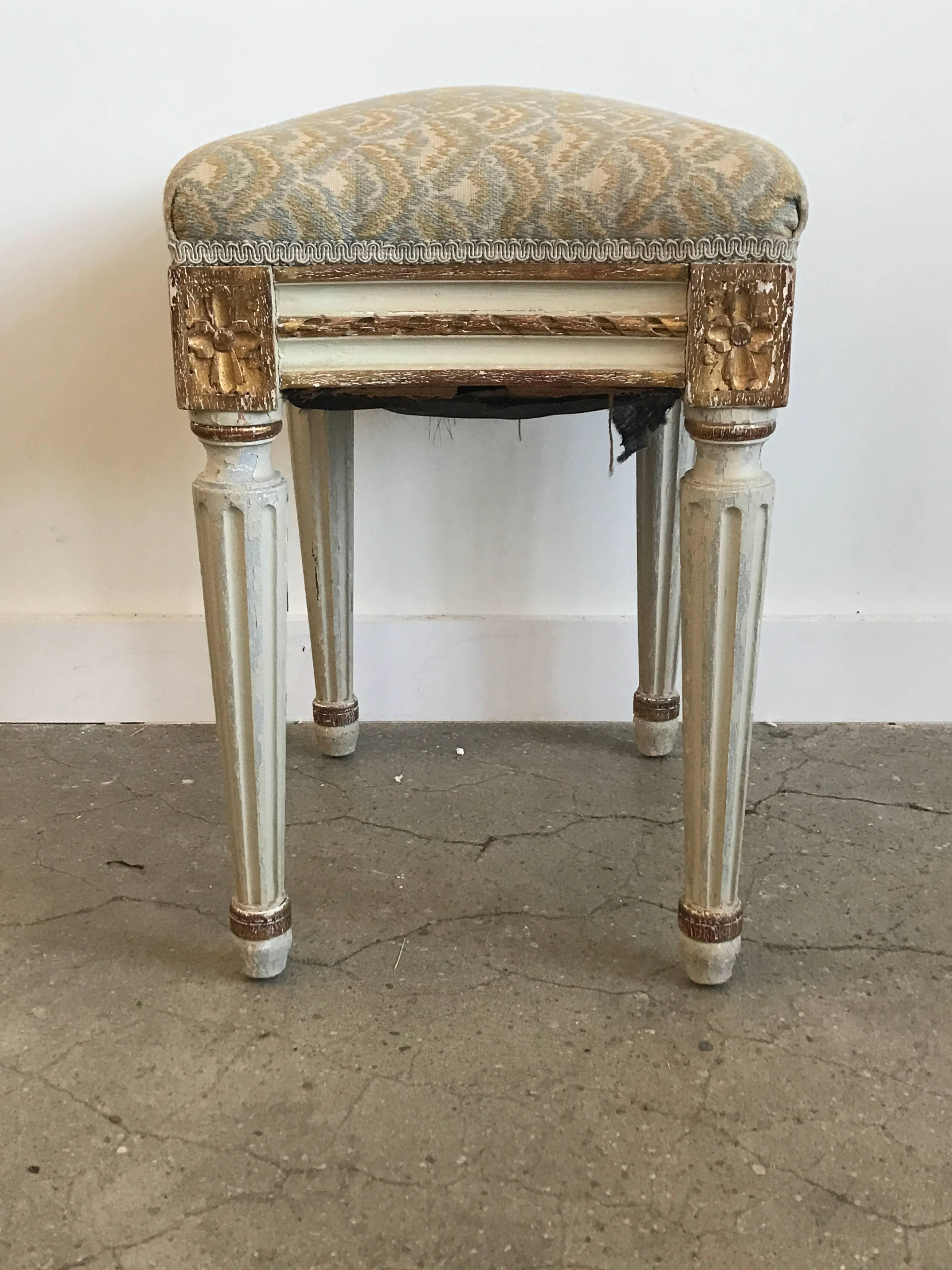 French Louis XVI Style Paint and Gilt Upholstered Stool
