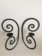 Pair of Single Arm Wrought Iron Scroll Back Sconces with Bobeche