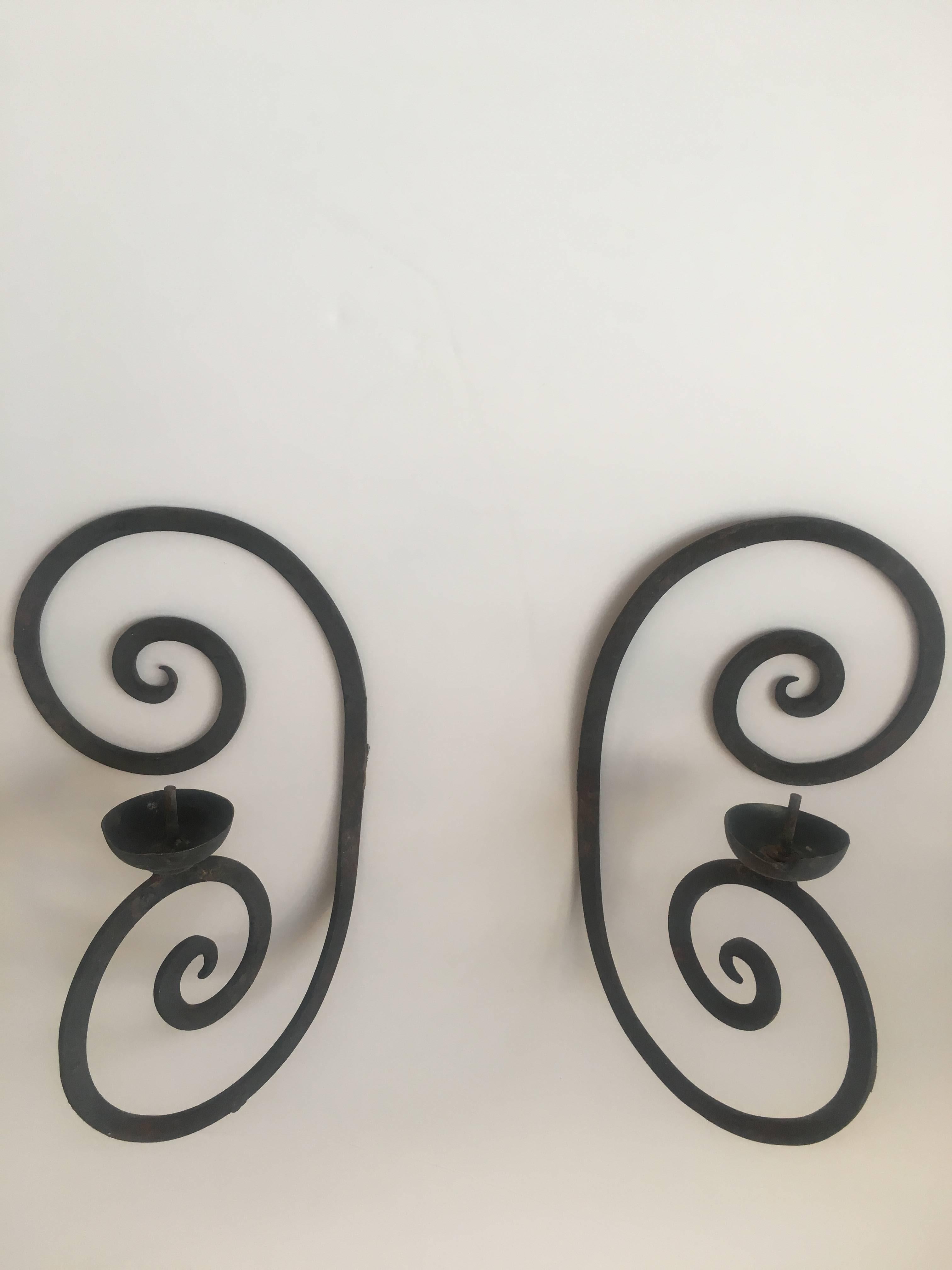 French Pair of Single Arm Wrought Iron Scroll Back Sconces with Bobeche For Sale