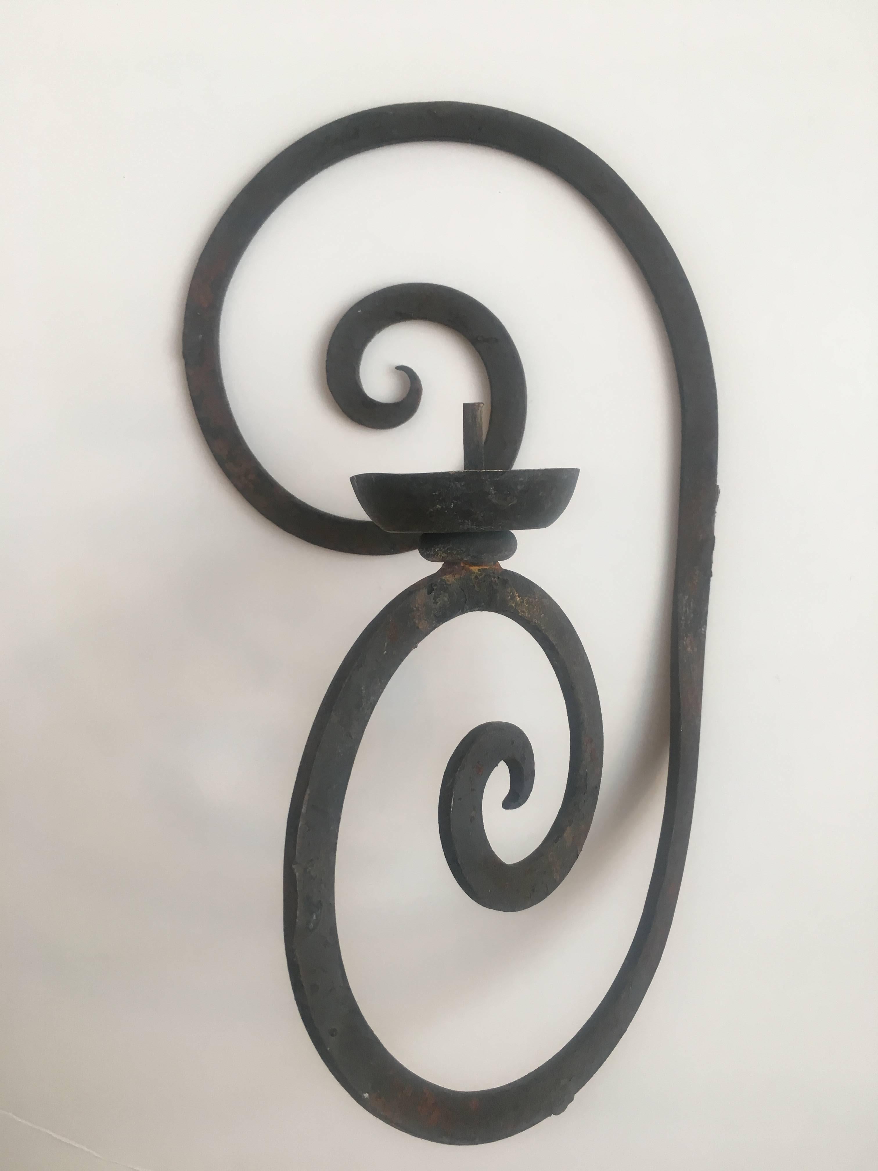 Pair of Single Arm Wrought Iron Scroll Back Sconces with Bobeche In Excellent Condition For Sale In Boston, MA