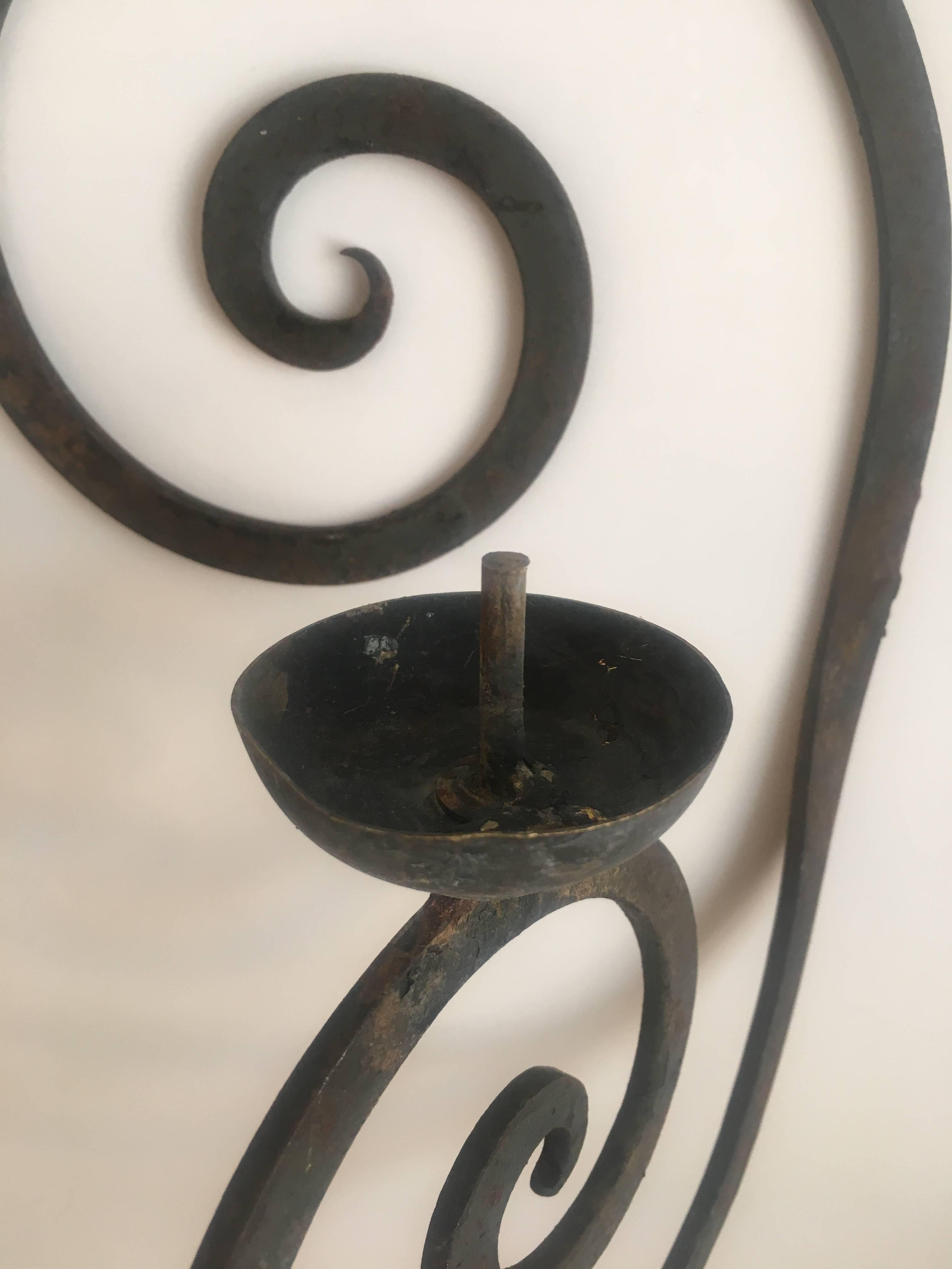 Pair of Single Arm Wrought Iron Scroll Back Sconces with Bobeche For Sale 1